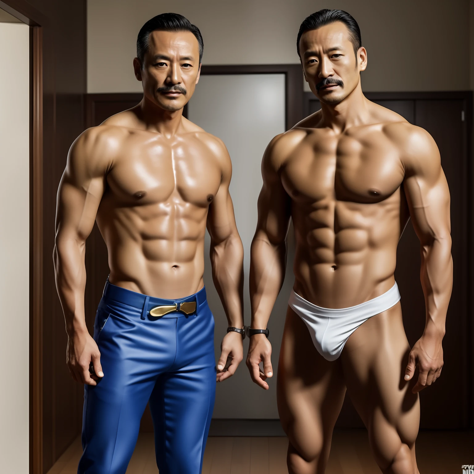 45 yers old,Hidetoshi Nakata ,(Kogoro Mouri 1.3),Two muscular men standing,Naked upper body,Crotch contour,with mustache,tmasterpiece,k hd,skinny pants,Fornication
