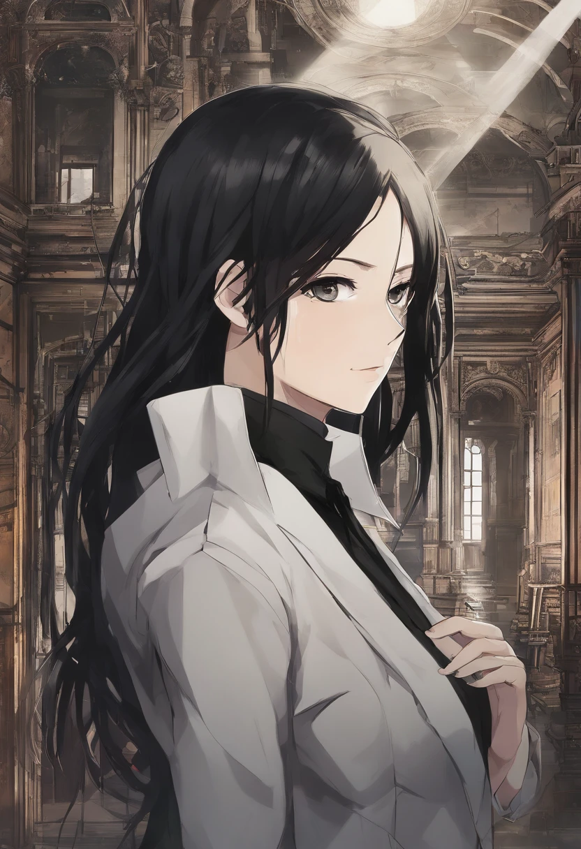 Mikasa Ackerman, with long black hair, Dressed in an elegant black suit, Walking through an abandoned house with the tip of a sword, super detailed image, Manga style, Full-HD、Zito-order