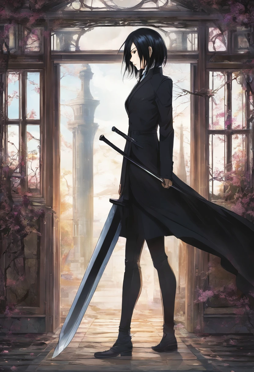Mikasa Ackerman, with long black hair, Dressed in an elegant black suit, Walking through an abandoned house with the tip of a sword, super detailed image, Manga style, Full-HD、Zito-order