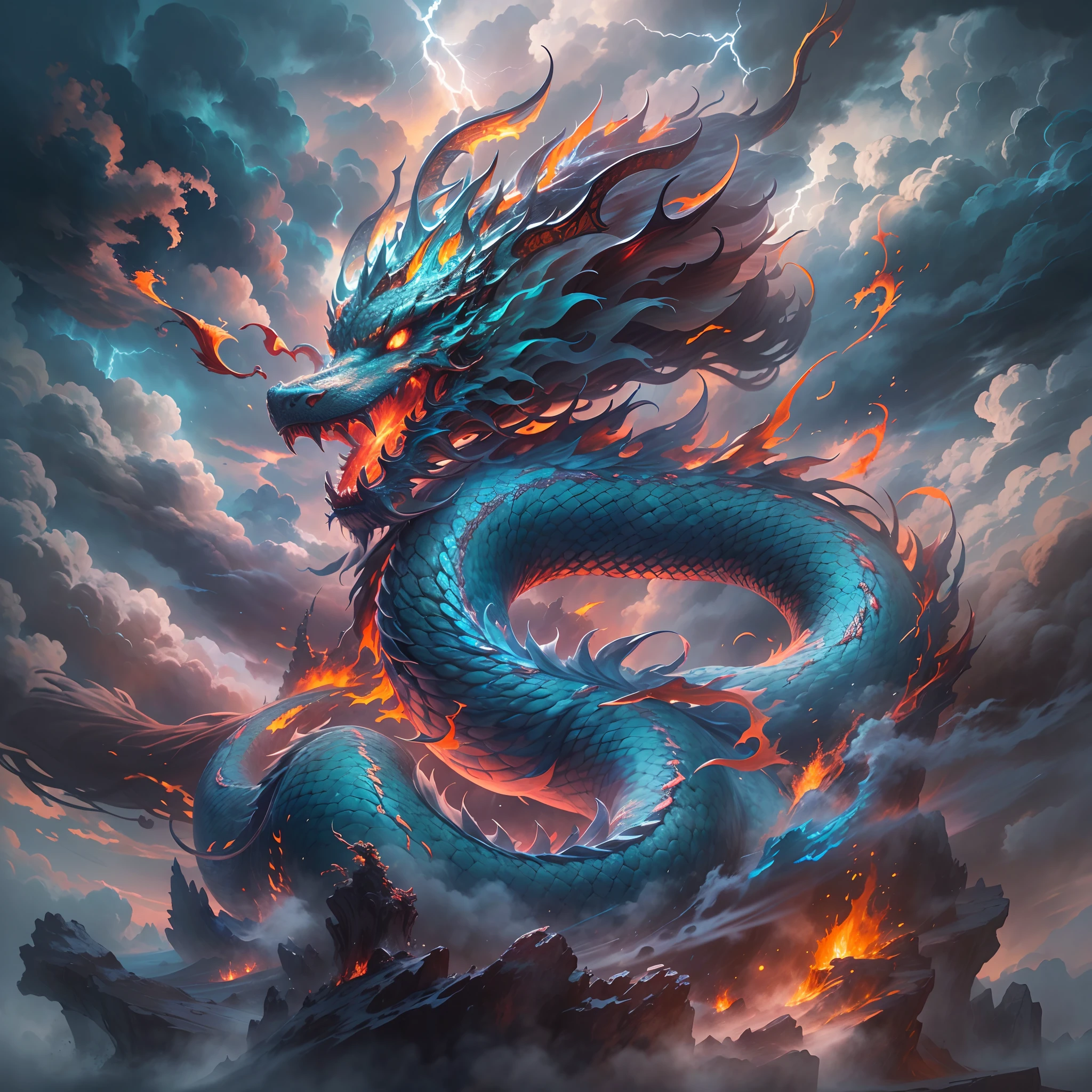 (The main subject: Wide-angle lens), The flame is light blue,[multicolor,(1 Chinese dragon)], Lightning,dramatic clouds,(Deep depth of field), rich details​, (Wide sky), (sense of vastness),Energy and vitality, Intricate details.(Best quality, A high resolution, Masterpiece:1.2), (Realistic:1.37), hdr。