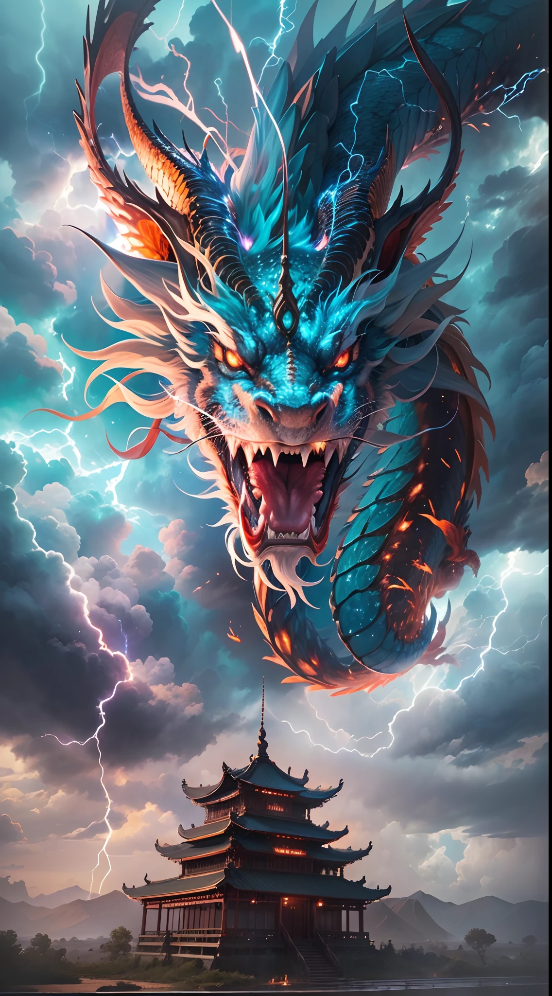 (The main subject: Wide-angle lens), The flame is light blue,[multicolor,(1 Chinese dragon)], Lightning,dramatic clouds,(Deep depth of field), rich details​, (Wide sky), (sense of vastness),Energy and vitality, Intricate details.(Best quality, A high resolution, Masterpiece:1.2), (Realistic:1.37), hdr。