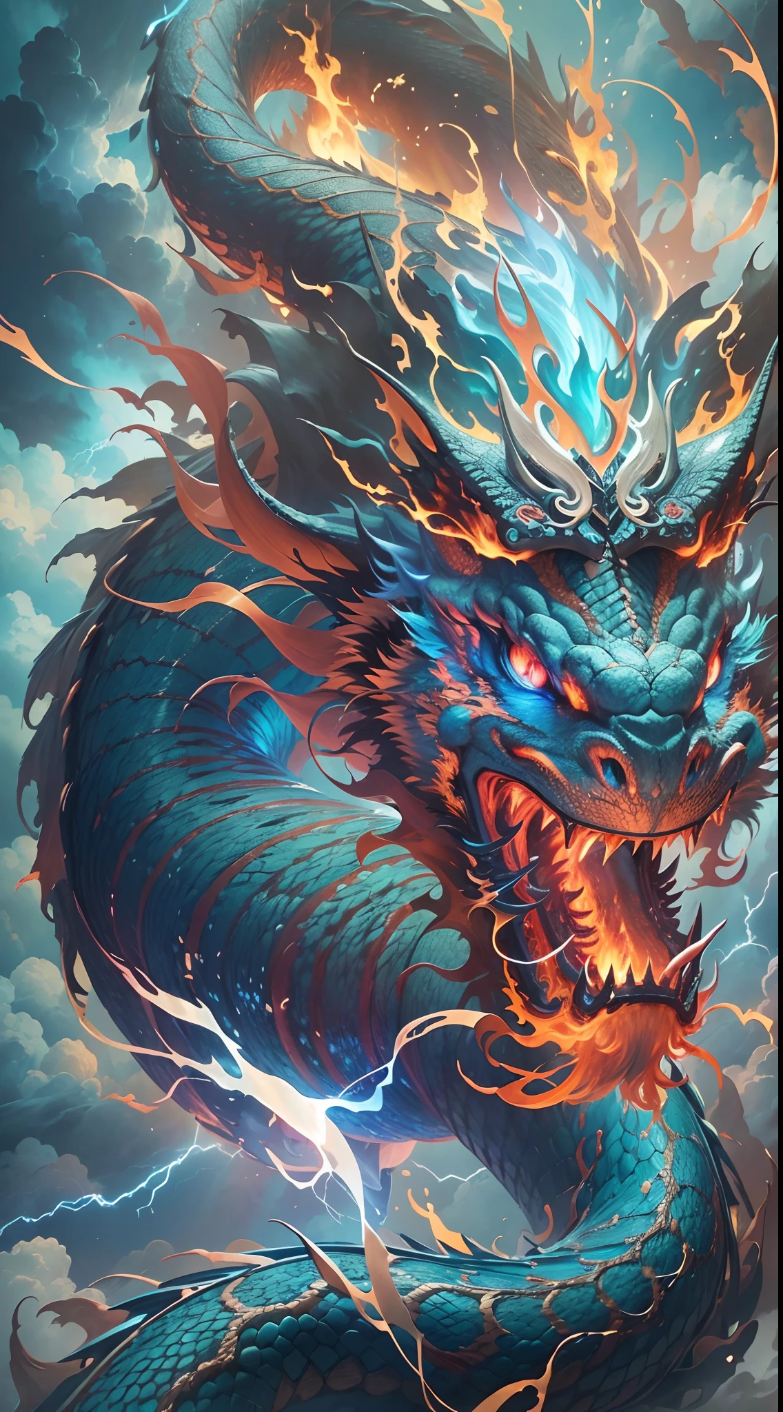 (The main subject: Wide-angle lens), The flame is light blue,[multicolor,(1 Chinese dragon)], Lightning,dramatic clouds,(Deep depth of field), rich details​, (Wide sky), (sense of vastness),Energy and vitality, Intricate details.(Best quality, A high resolution, Masterpiece:1.2), (Realistic:1.37), hdr。