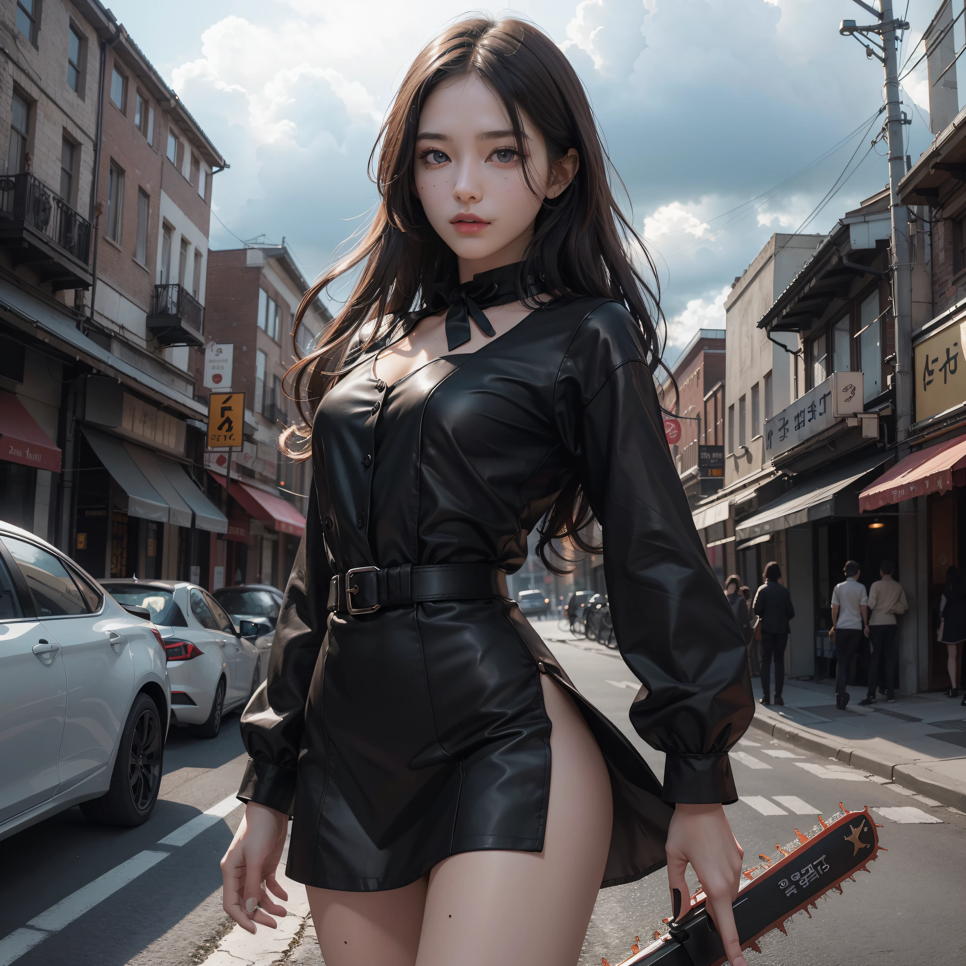 (Hyper-realistic), (Illustration), (High resolution), (8K), (Extremely detailed), (Best Illustration), Yol ( chain saw man ), (Beautiful detailed eyes), (Best Quality), (Ultra-detailed), (masutepiece), (Wallpaper), (Detailed face), Solo, Upper body, Focus on Face, 1 girl, Long Black Hair, Korean, Thin eyeshadow, A detailed eye, Brown eyes, Small moles under the eyes, very slender legs,Long sleeve shirt, Neckbow,  Small breasts,Black leather shoes,pinafore dress, Dynamic Pose, low illuminance, Night, Dark, Clouds, a dark night