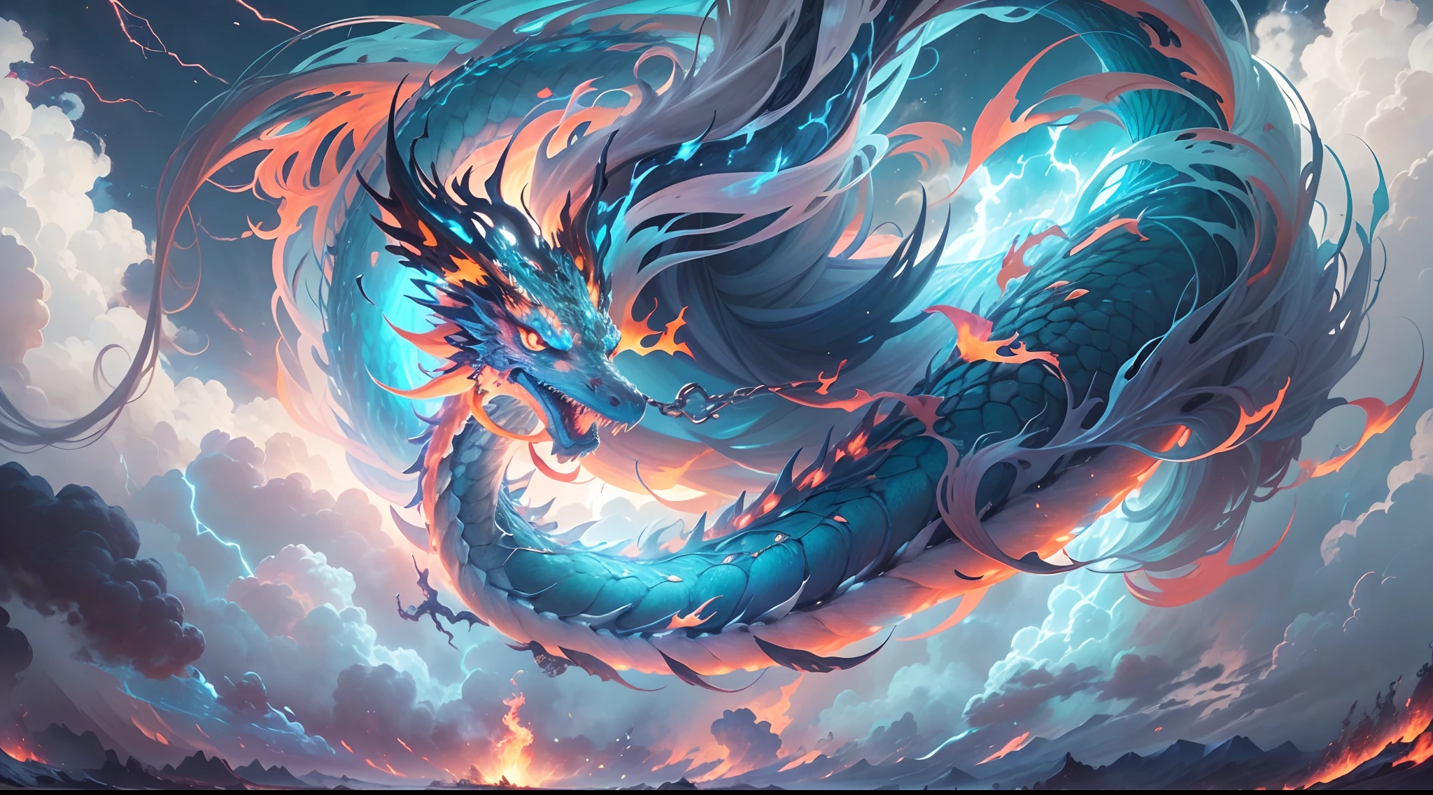 (The main subject: Wide-angle lens), The flame is light blue,[multicolor,(1 Chinese dragon)], Lightning,dramatic clouds,(Deep depth of field), rich details​, (Wide sky), (sense of vastness),Energy and vitality, Intricate details.(Best quality, A high resolution, Masterpiece:1.2), (Realistic:1.37), hdr。
