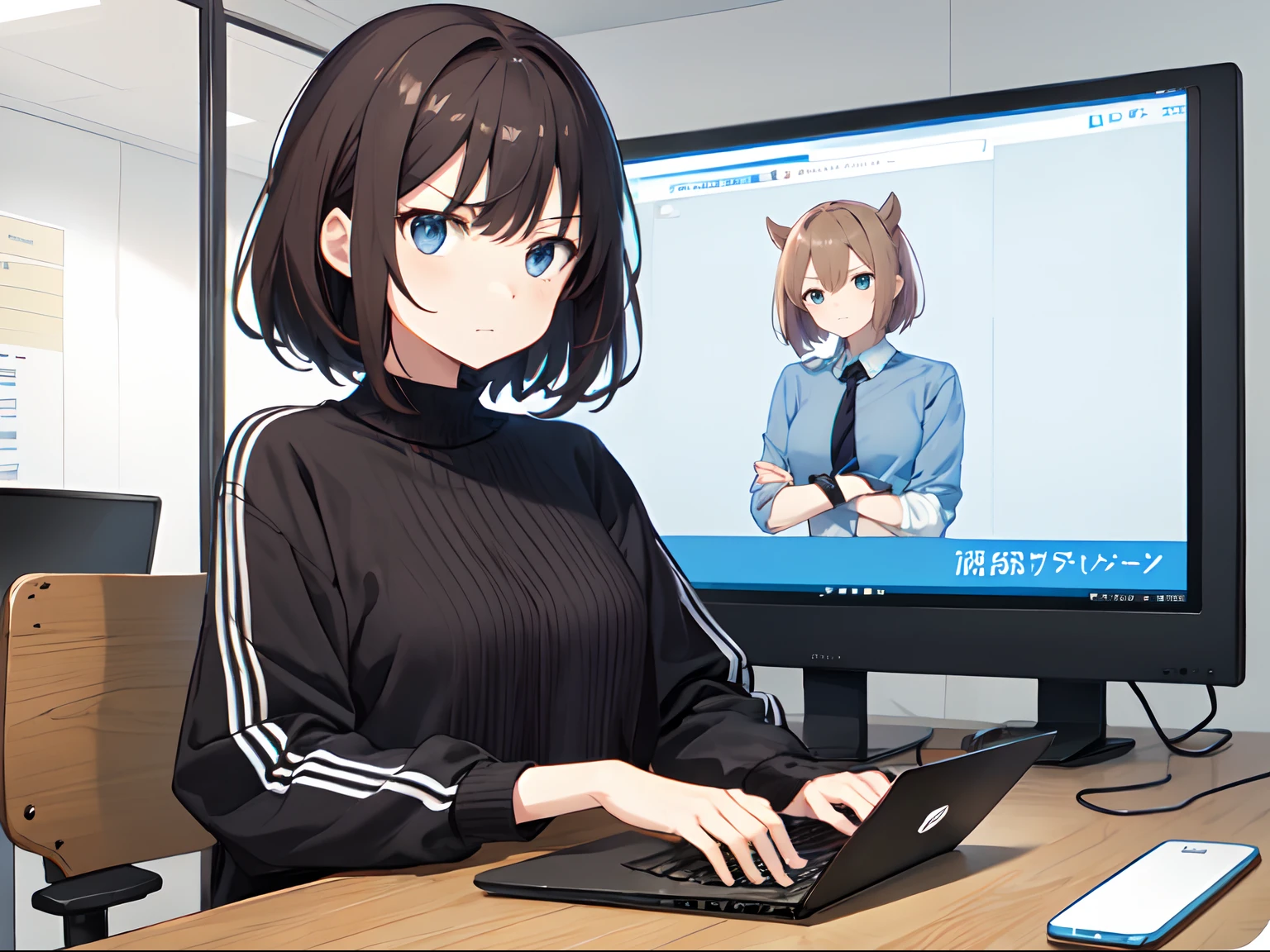 Working overtime、s Office、Adult woman in anime using desktop computer((Use a computer with a large screen))、25-years old、Upper body, mid-shot,His arms folded、angry、 femele, Detailed eyes, ((Beautiful woman using laptop)), ,short-hair, Brown hair, Bangs,Everyday clothes、Clothes without a collar、Fashionable、Long sleeves,、frontage、angry、