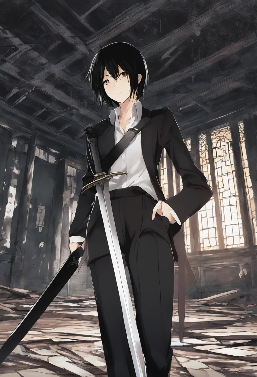 Mikasa Ackerman, with long black hair, Dressed in an elegant black suit, Walking through an abandoned house with the tip of a sword, super detailed image, Manga style, Full-HD、Zito-order
