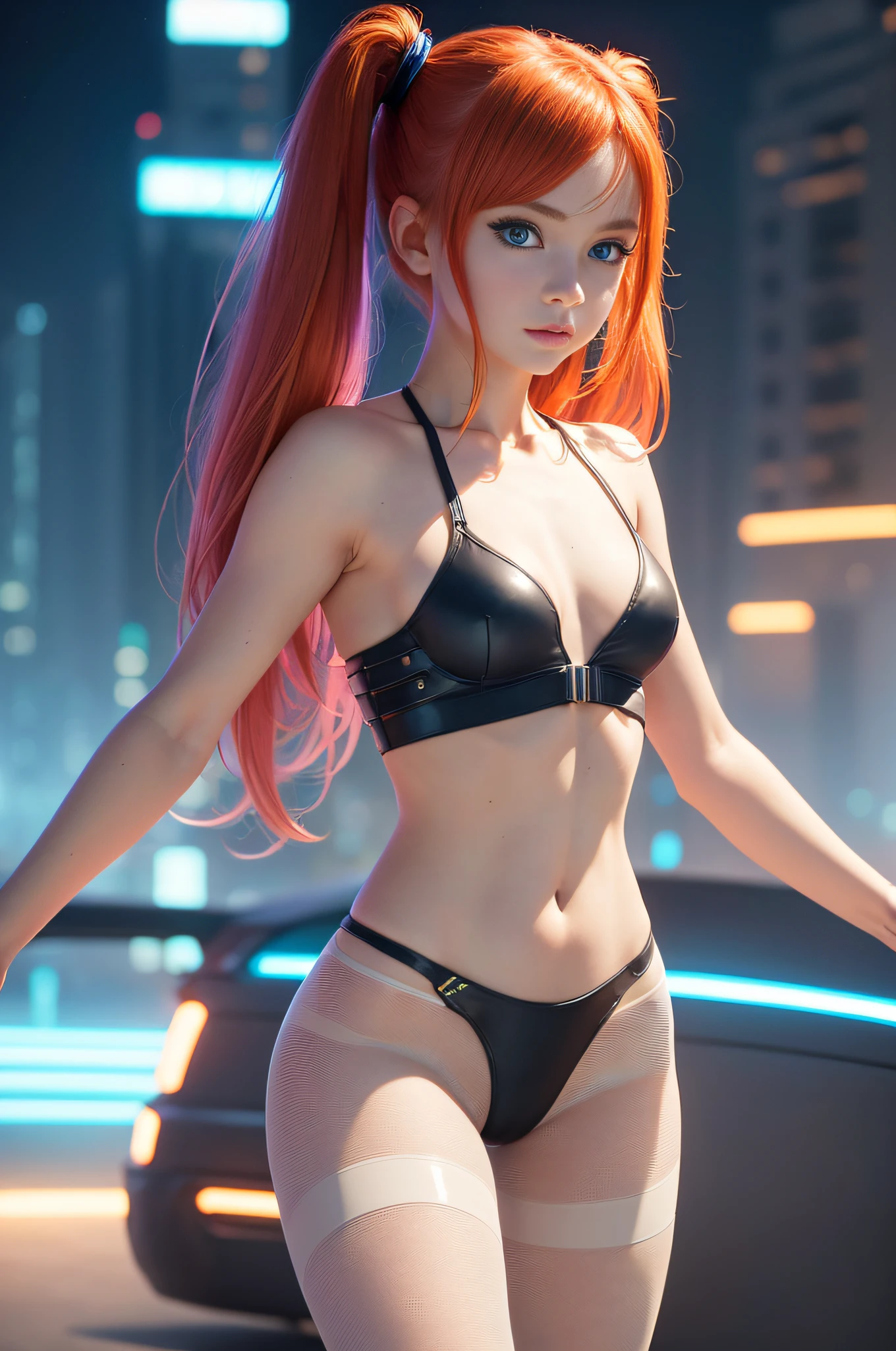(Raw photography, masterpiece, top quality, high quality: 1.2), 1 girl, solo, (nsfw), cute redhead 18-year-old girl in twin tails, ((perfect female body)), (cute face make up), multiple (rainbow colored hair: 1.2), (beautiful detailed blue eyes: 1.6), (photo realistic eyes: 1.6), happy, Ukrainian, (petite body), ((small hips)), pale white skin, (tube top, thong back, micro bikini: 1.2), ((thin pantyhose: 1.6)), (("TRON LEGACY futuristic city" style background)), (night time:1.2), photo realistic.