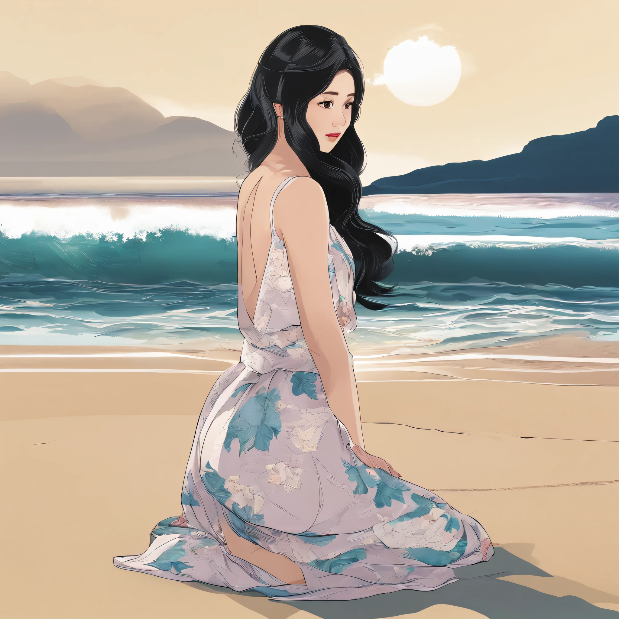 Japan woman with beautiful shape of rounded waist and perfect back on beach looking at camera、Black hair straight long hair、(Masterpiece,8k,top-quality)