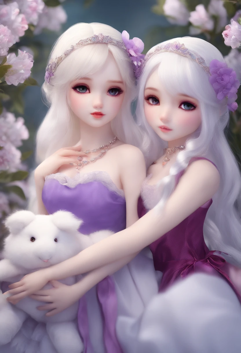 beautiful Girl, Snow-white skin, bright white hair, Seductive purple eyes, Wearing beautiful ephemeral clothes、Illustration of two girls clutching cute stuffed animals."