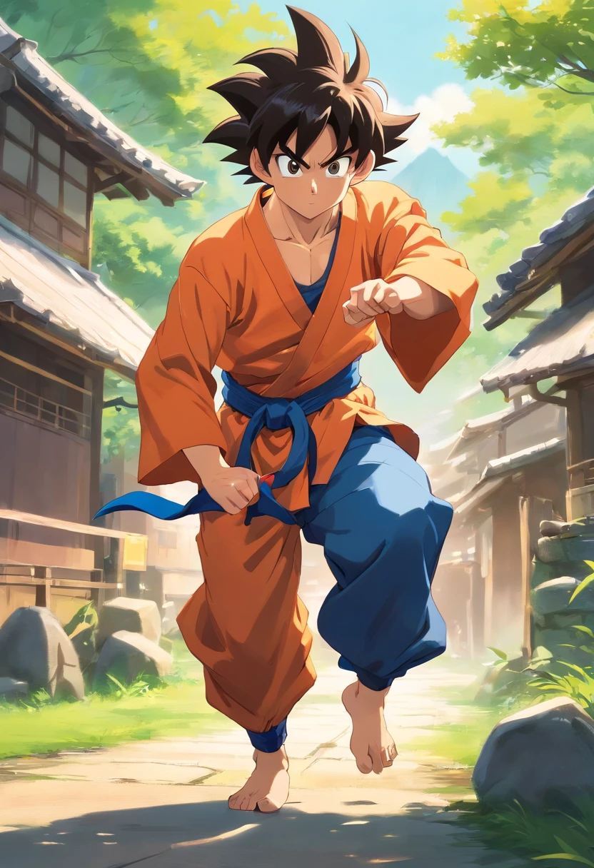Goku, outdoors ruala village, martial arts training. Fighing some one