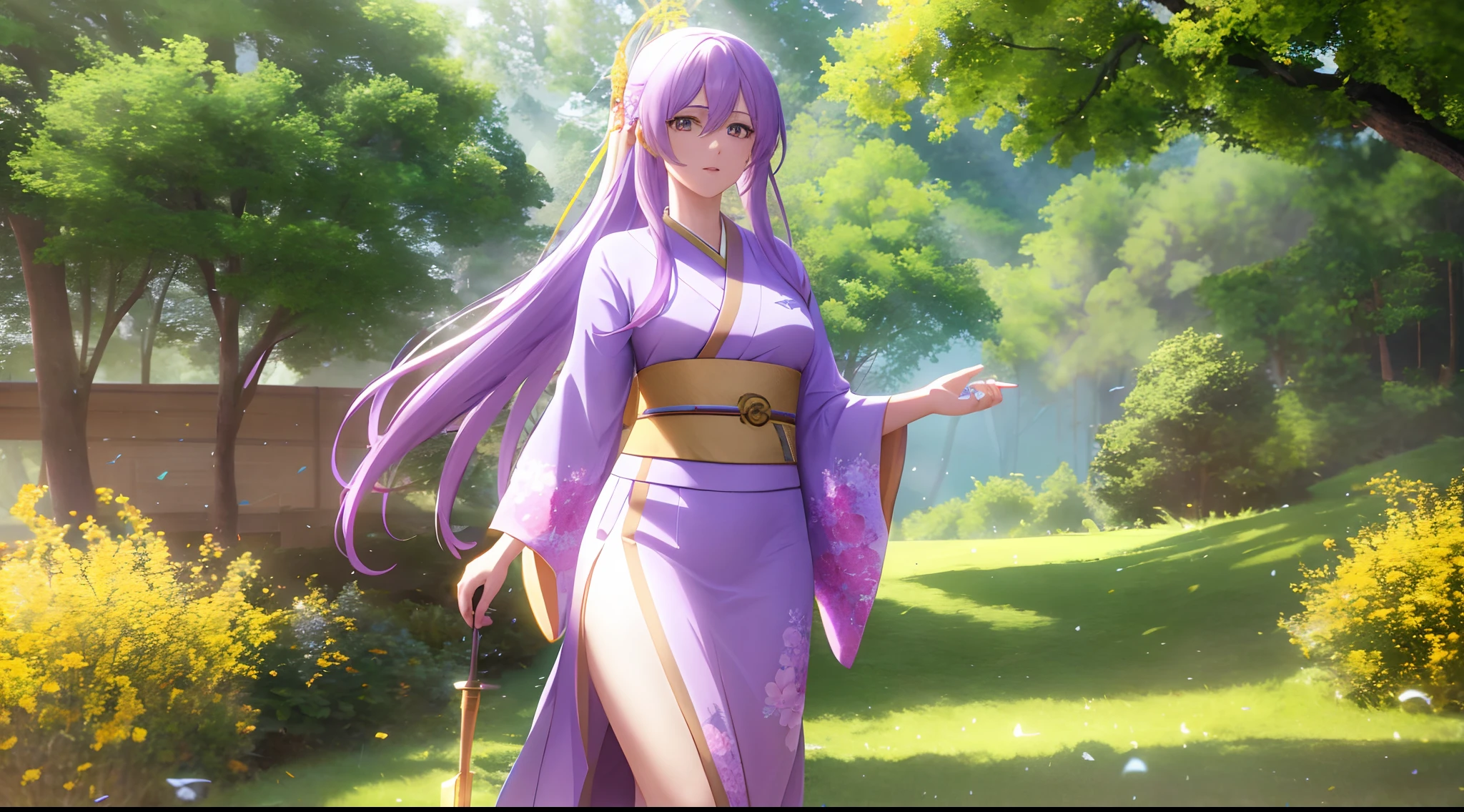 Athena with plain long light purple hair,hair between eyes,green eyes,rosy cheeks,full lips,thin eyebrows,slender body,long kimono with very long golden skirt,cute anime girl,full body,flowers field in background,anime style,Lumen Reflections,Screen Space Reflections,Diffraction Grading,Chromatic Aberration,GB Displacement,Scan Lines,Ray Traced,Anti-Aliasing,FXAA,TXAA,RTX,SSAO,Shaders,OpenGL-Shaders, GLSL-Shaders,Post Processing,Post-Production,cell Shading,Tone Mapping,CGI,VFX,SFX,insanely detailed and intricate, 4K,standing, solo, masterpiece, best quality, detailed face, detailed eyes, highres, standing, solo,masterpiece, best quality