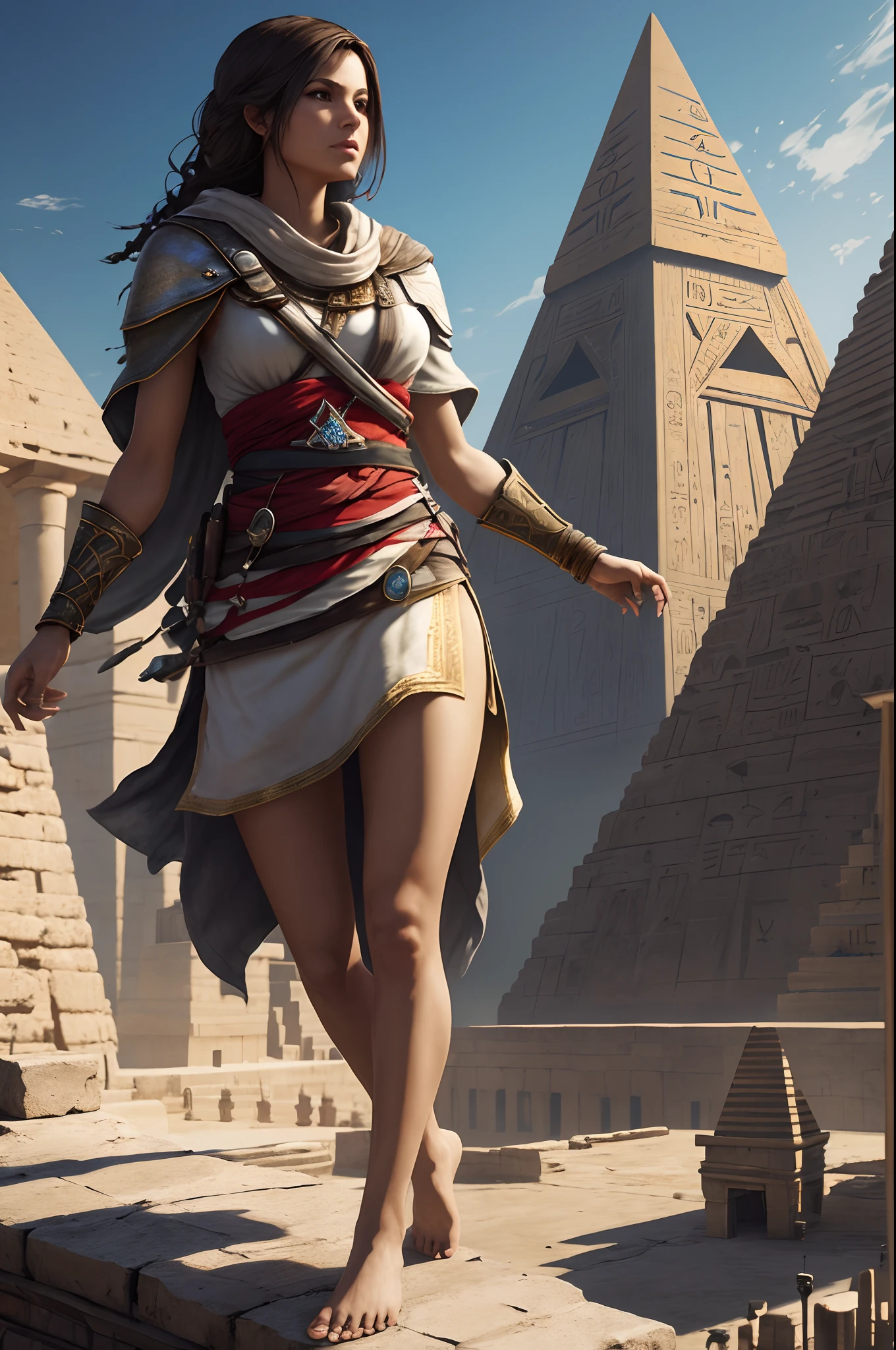 girl, assassin's creed style, short egyptian dress without sleeves, few clothes, barefoot, ankle bracelets, on the roof, pyramid on the background, high detailed, full-lenght realistic photo, 4k