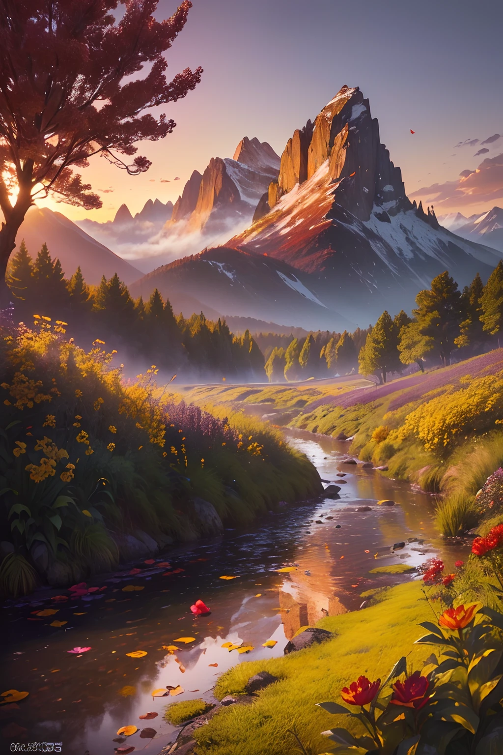 ((masterpiece, best quality, cinematic, photorealistic, ultra-detailed)), ((medium shot)), ((flowering plants in variant colors, red, yellow and purple, wet petals and leaves)), sunrise, mountains and trees