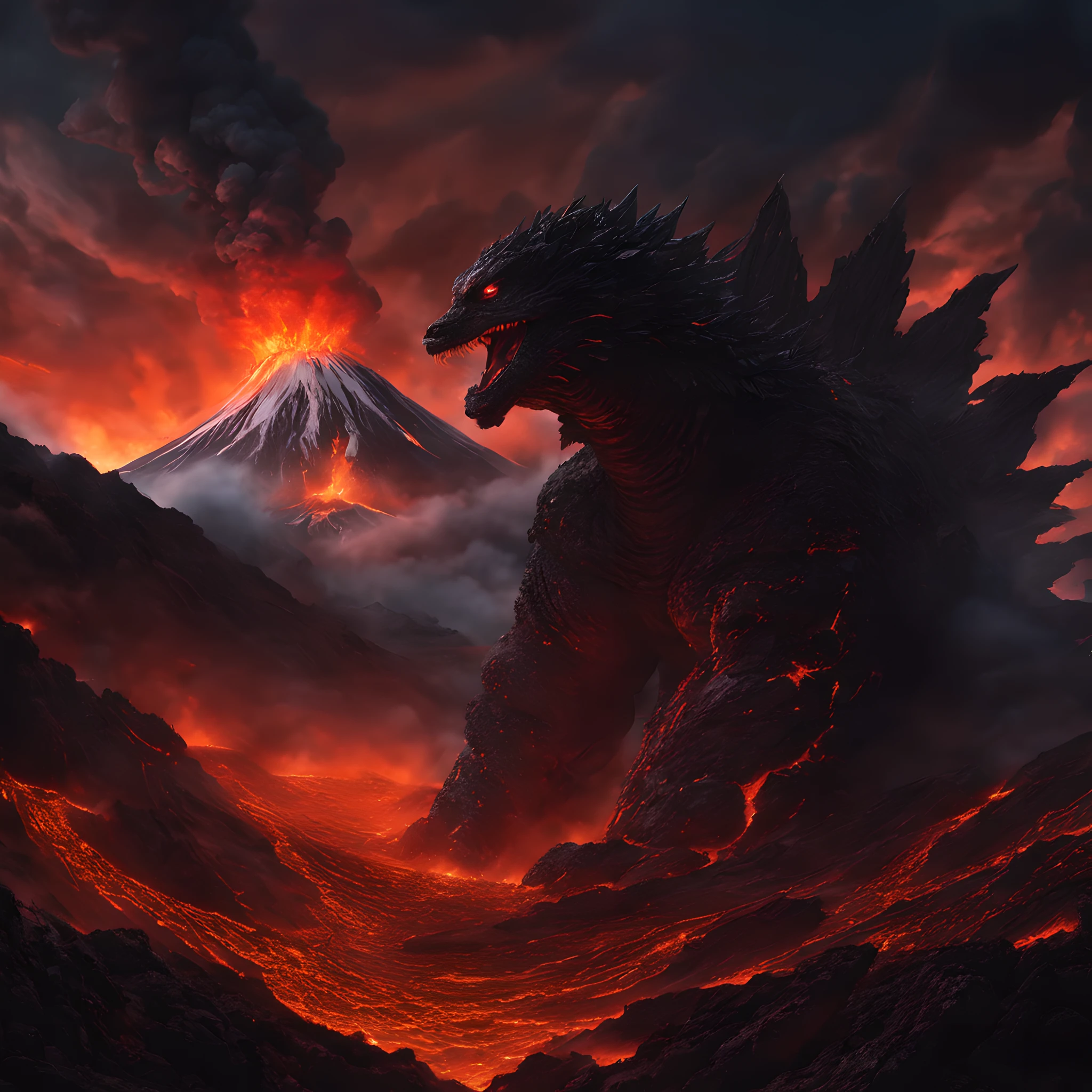 composition: Godzilla emerged from the lava flow and crater caused by the eruption of Mount Mihara Mount Mihara、High-definition images capturing the moment of the spectacular volcanic eruption。Lava flows flowing out of the crater and、Godzilla, a marvelous creature, appears from among them.。 The prompt background is、Lava flows erupting from the crater of Mount Mihara can be seen。Lava glows fiery orange、Rising as a symbol of heat and destruction。This spectacular volcanic eruption shaped the earth、Has the power to break at the same time。 Eta、From there, a mysterious presence emerges。Godzilla、A giant monster emerges from the crater、Its presence is overwhelming。Godzilla's body is black and like rock.、Its size is equivalent to that of a volcano。Godzilla's eyes show anger and power、The confrontation with the lava flow begins。 This high-definition image is、It captures the moment when the power of nature and the existence of monsters intersect。With a magnificent lava flow caused by the eruption of Mount Mihara、Godzilla's appearance、It was a phenomenal event for humanity.、It is important to record this moment。
