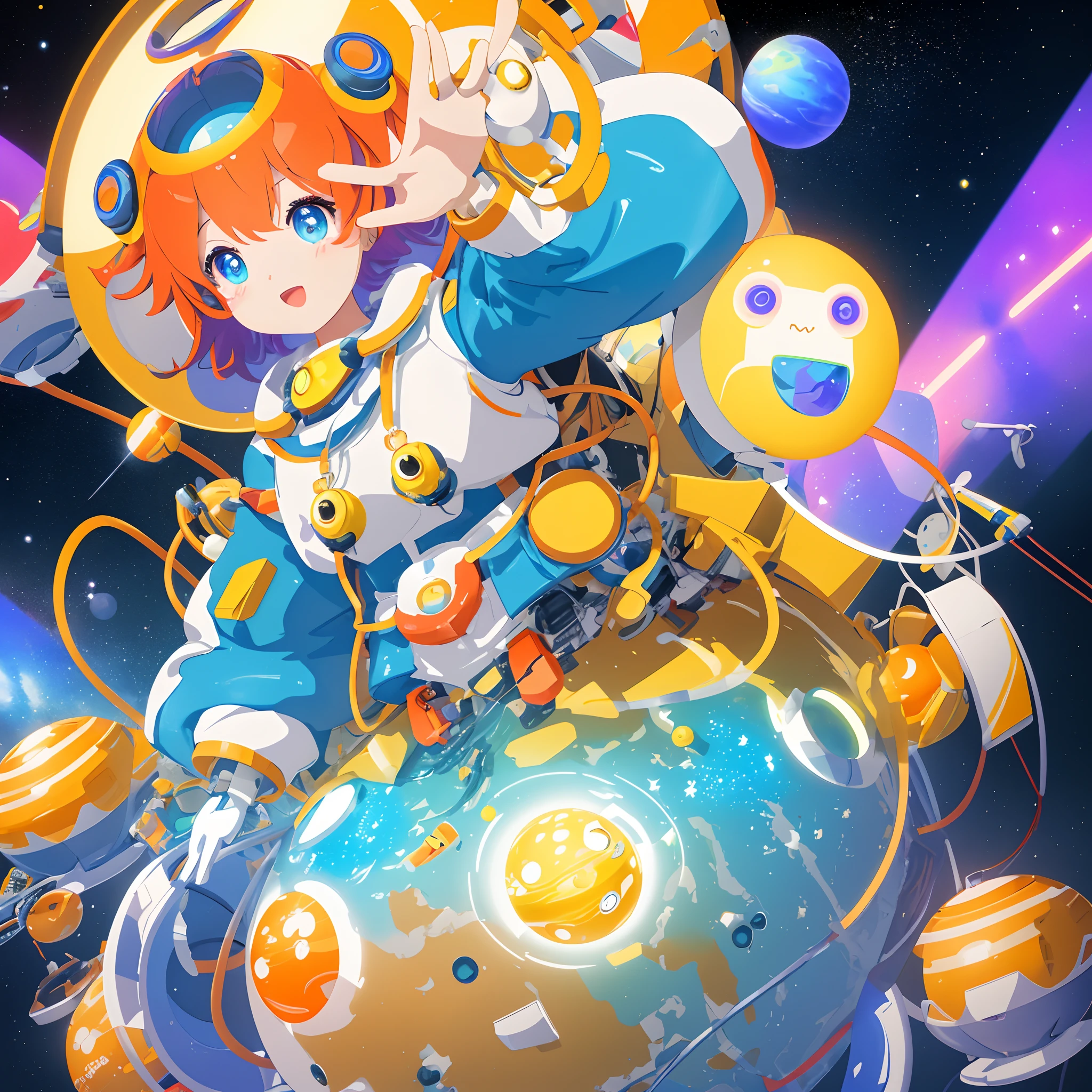 3d computer rendered image of 3DCG, digital illustration of a cute robot with a round head and body, colorful galaxy patterns on the robot's head and body, big eyes and a small mouth, the robot has two arms and two legs with yellow and orange accents , gradient background with colorful stars and planets, colorful floating orbs and rings