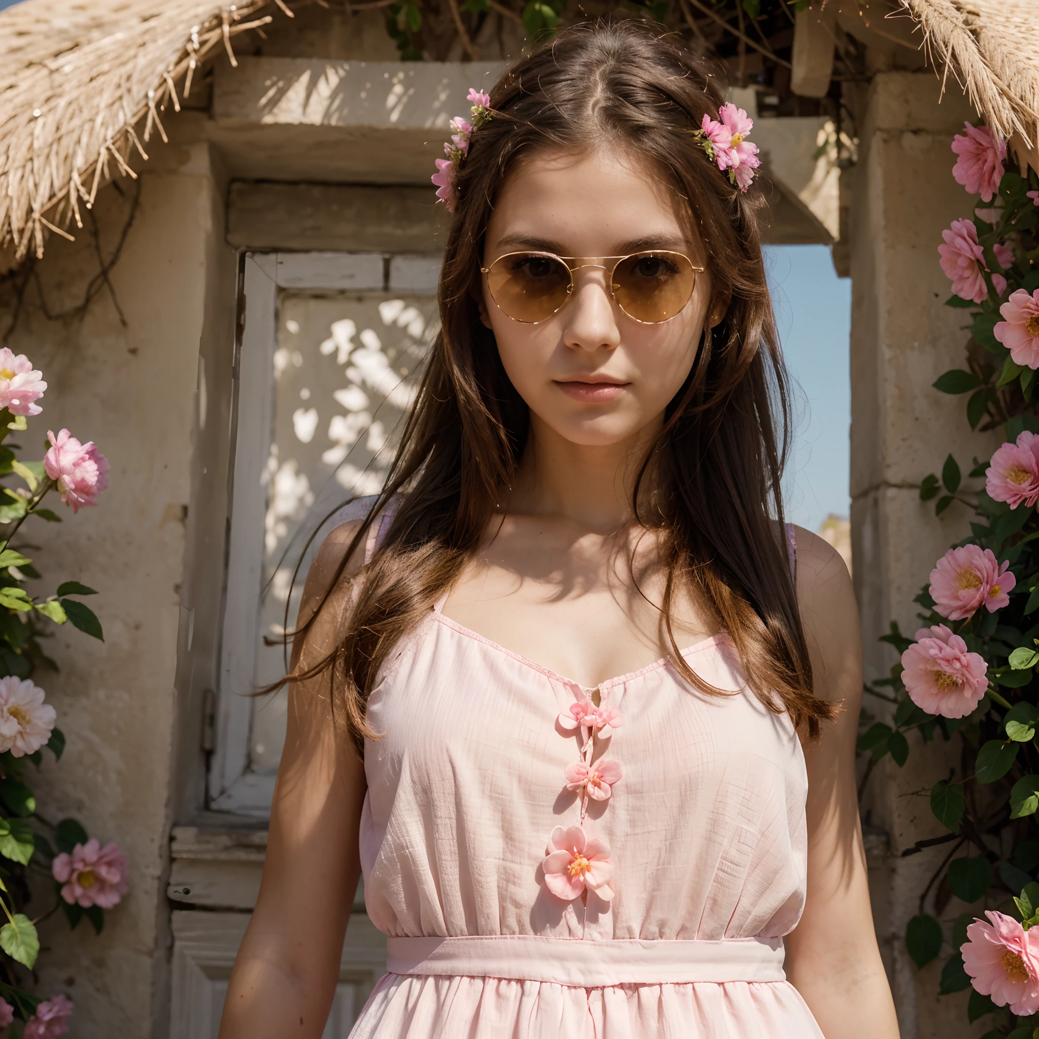 Girl wearing pink dress, background Greece ,only one flower in the hair ,sunglasses ,symetical face , fancy hairstyle,symmetrical body,follow human anatomy in the art, facing towards thesea beach, sunny ,softlight , enjoying the environment, micro detail, high resolution, hd ,canon latest high resolution camera