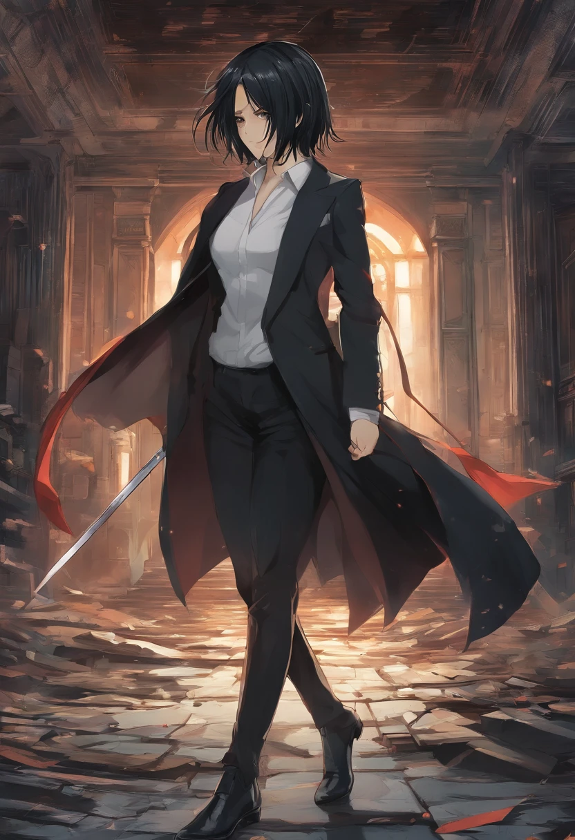 Mikasa Ackerman, with long black hair, Dressed in an elegant black suit, Walking through an abandoned house with the tip of a sword, super detailed image, Manga style, Full-HD、Zito-order