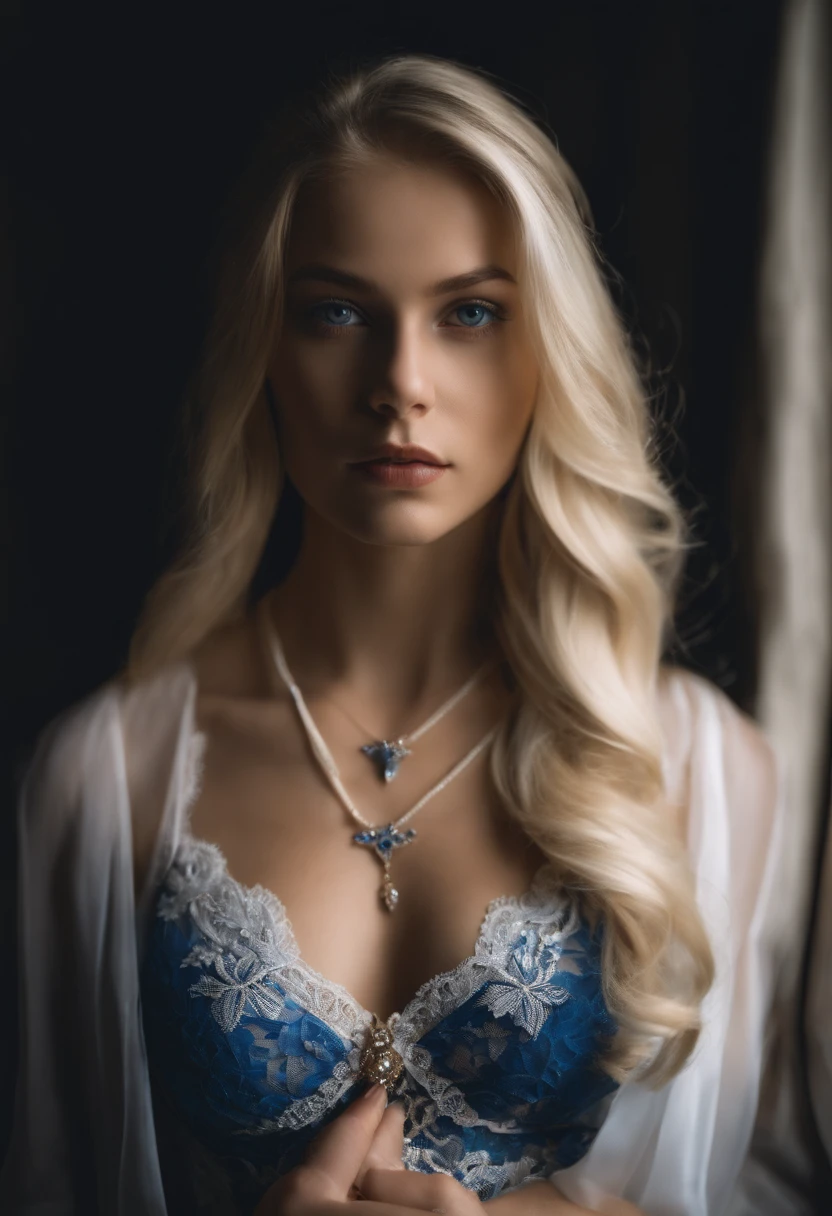 Fille de 14ans blonde avec des yeux bleus en lingerie blanche portant un collier serrant autour du coup avec un regard dominant