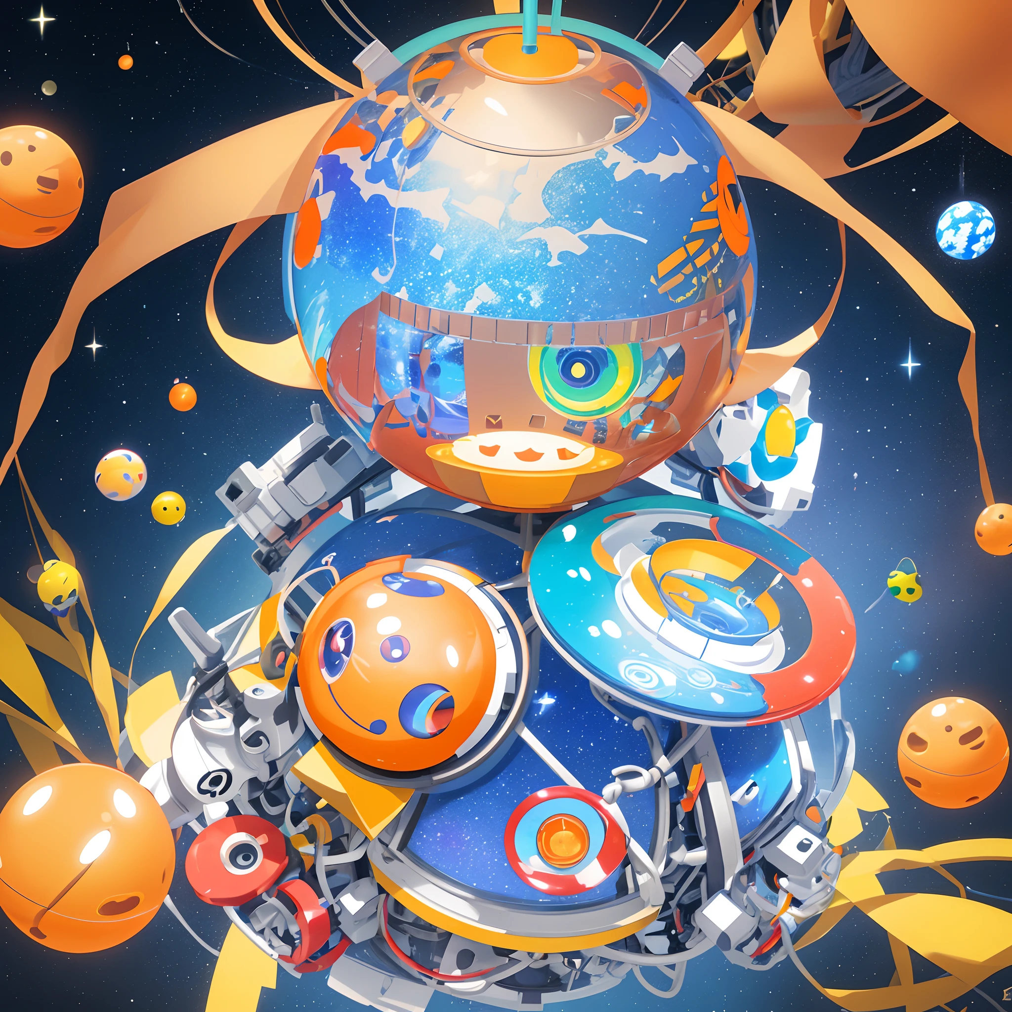 3d computer rendered image of 3DCG, digital illustration of a cute robot with a round head and body, colorful galaxy patterns on the robot's head and body, big eyes and a small mouth, the robot has two arms and two legs with yellow and orange accents , gradient background with colorful stars and planets, colorful floating orbs and rings