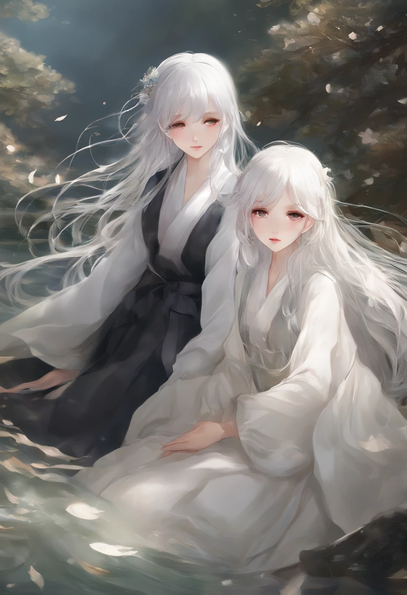 anime image、white hair、Two girls、fleeting、Beautiful fece、illustratio、Eau、