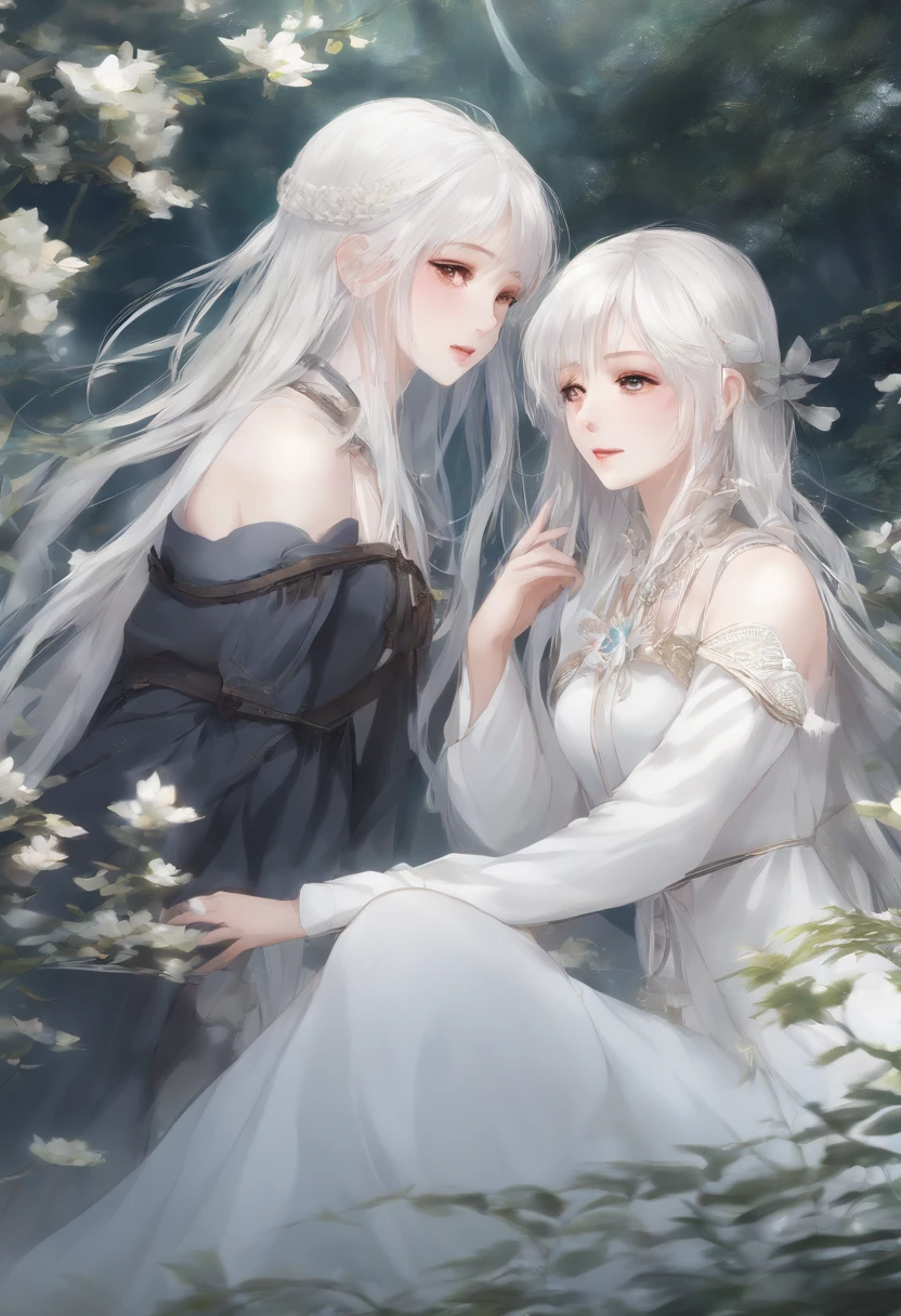 anime image、white hair、Two girls、fleeting、Beautiful fece、illustratio、Eau、