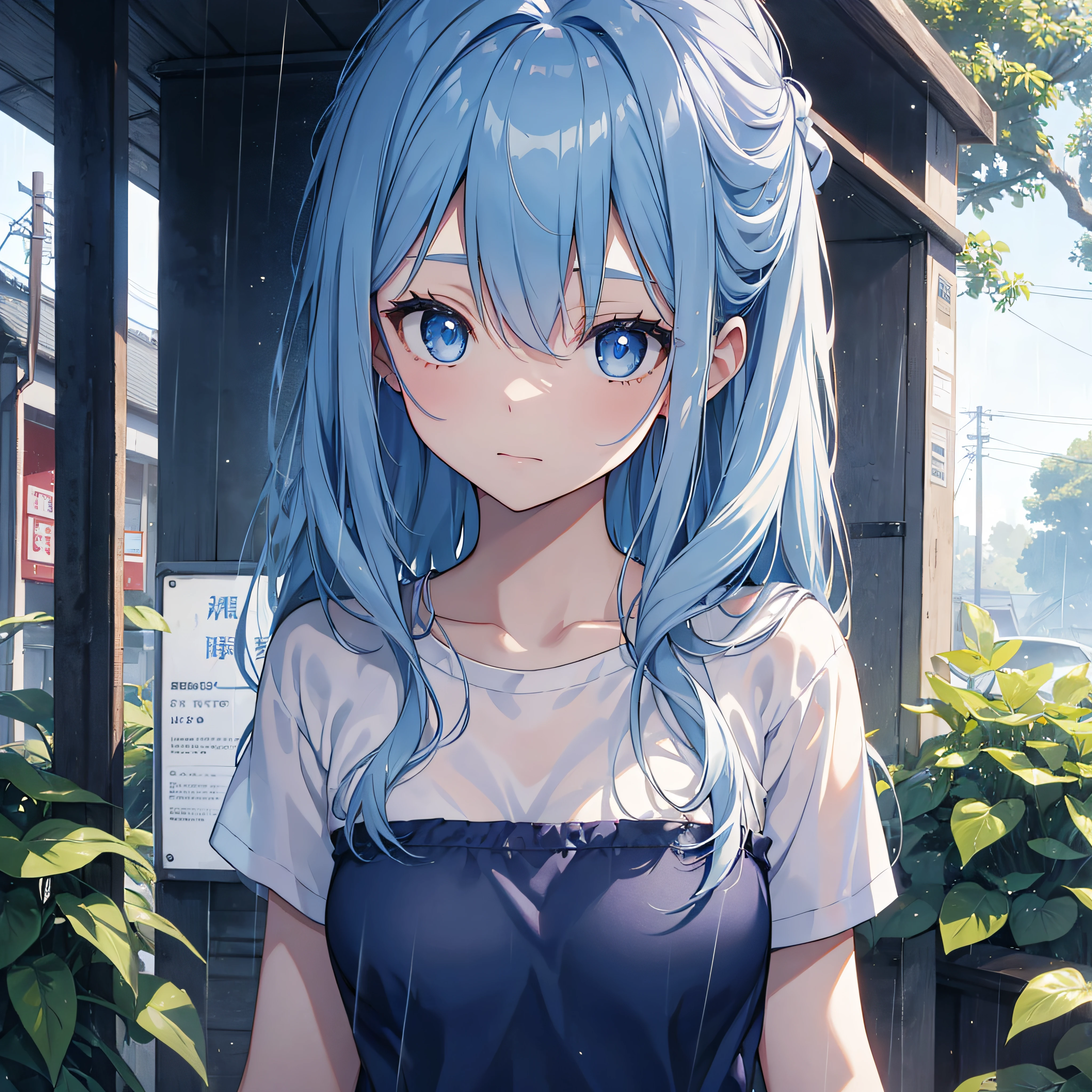 (table top, highest quality:1.2), 1 girl, alone, cute, cute, digital art、Eimei、(length, beautiful, blue hair.flowing in the wind)、T-shirt、mini skirt、Urban hustle and bustle、Arranging a date,daytime, embarrassed look, silver hair(short)、glowing skin、small-faced beauty, heart shaped necklace,low angle lens、perfect composition、Perfect light and shadow delicacy、In 8K