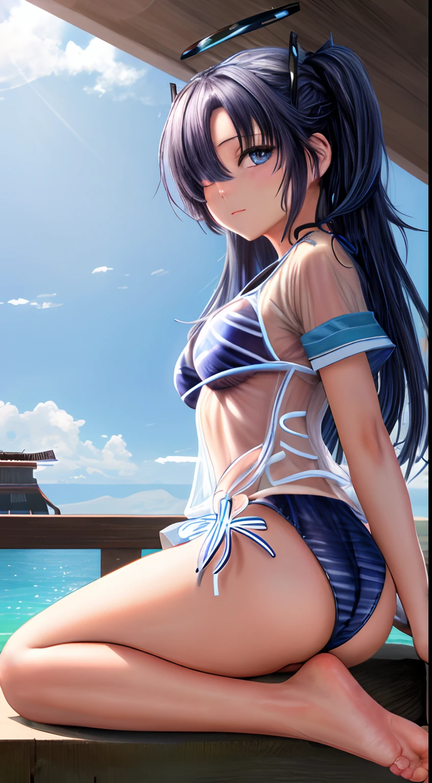 (NSTDA.:1.2), (10, beste-Qualit, master-piece: 1.4), ultra-high resolution, (lifelike, photorealistic portrait: 1.48), 20 age, Cute Girl, (See through the microcolor bikini beetle:1.48), Famous Japanese actors, (hair over one eye:1.3), Blue Eyes, Head tilt, cowboy shot, from the side, looking at the audience, expressionless, Beautiful lake, Zeiss 150mm F/ 2.8 Hasselblad, Whole body, foot, Ultra-Wide Angle