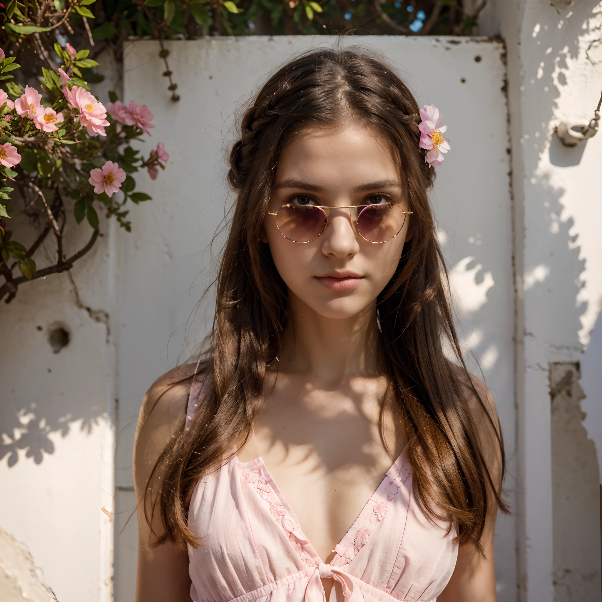Girl wearing pink dress, background Greece ,only one flower in the hair ,sunglasses ,symetical face , fancy hairstyle,symmetrical body,follow human anatomy in the art, facing towards the camera, sunny ,softlight , enjoying the environment, micro detail, high resolution, hd ,canon latest high resolution camera