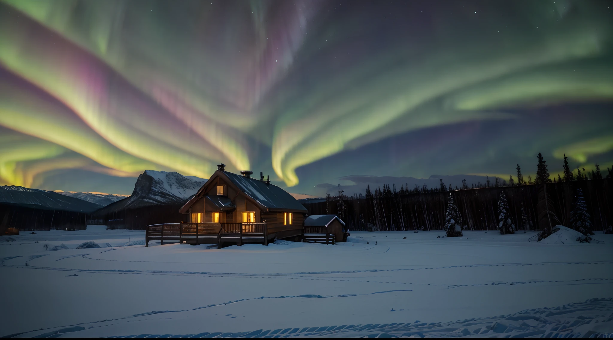 a painting of a cabin with a fence and a bright aurora light, aurora borealis, background artwork, northern lights, glowing lights! digital painting, rainbow aurora, northern lights background, aurora borealis on background, beautiful oil matte painting, dan mumford and albert bierstadt, beautiful art uhd 4 k, dramatic aurora borealis, aurora, 4k hd matte digital painting