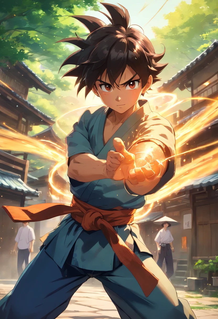 Teen Goku, outdoors rural village, martial arts training, fighting someone, 2 people

(best quality,4k,8k,highres,masterpiece:1.2),ultra-detailed,(realistic,photorealistic,photo-realistic:1.37),HDR,UHD,studio lighting,ultra-fine painting,sharp focus,physically-based rendering,extreme detail description,professional,vivid colors,bokeh,portraits,landscape,anime,sci-fi,photography,concept artists,rich, vibrant colors, dynamic lighting, dynamic poses, intense action, paintbrush strokes, stunning background scenery, lush greenery, sunlight streaming through trees, flowing rivers, traditional wooden houses, training grounds, traditional martial arts attire, energetic movements, powerful punches and kicks, swirling energy, flying debris, hand-to-hand combat, epic battle.