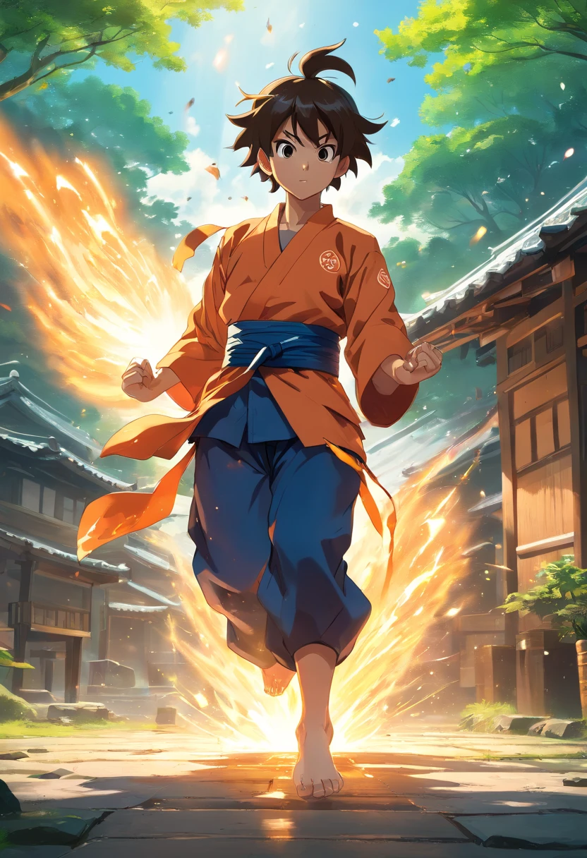 Teen Goku, outdoors rural village, martial arts training, fighting someone, 2 people
(best quality,4k,8k,highres,masterpiece:1.2),ultra-detailed,(realistic,photorealistic,photo-realistic:1.37),HDR,UHD,studio lighting,ultra-fine painting,sharp focus,physically-based rendering,extreme detail description,professional,vivid colors,bokeh,portraits,landscape,anime,sci-fi,photography,concept artists,rich, vibrant colors, dynamic lighting, dynamic poses, intense action, paintbrush strokes, stunning background scenery, lush greenery, sunlight streaming through trees, flowing rivers, traditional wooden houses, training grounds, traditional martial arts attire, energetic movements, powerful punches and kicks, swirling energy, flying debris, hand-to-hand combat, epic battle.
