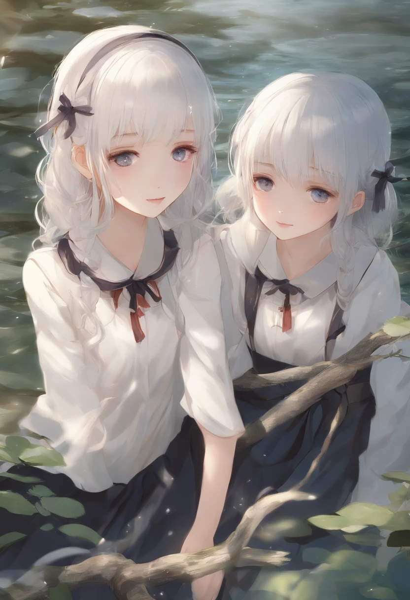 anime image、white  hair、Two Girls、fleeting、Beautiful fece、illustratio、waterface、15yo student