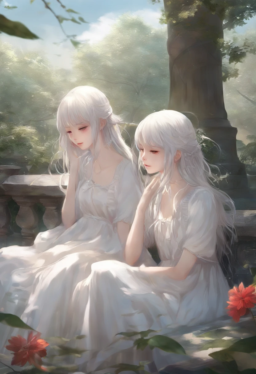 anime image、white hair、Two Girls、fleeting、Beautiful fece、illustratio、waterface、