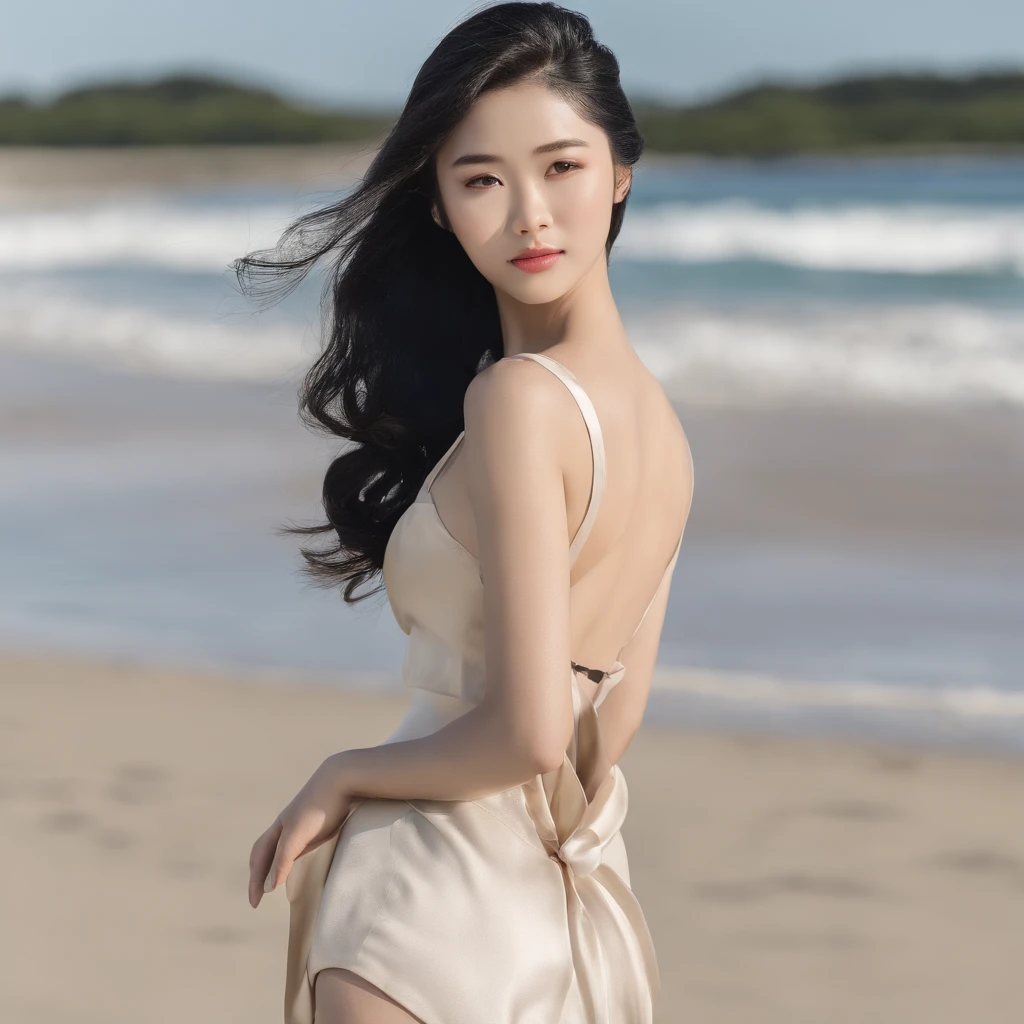 Japan woman with beautiful shape of rounded waist and perfect back on beach looking at camera、1Beautiful 25 year old woman、Black hair straight long hair、(masutepiece,8K,top-quality)