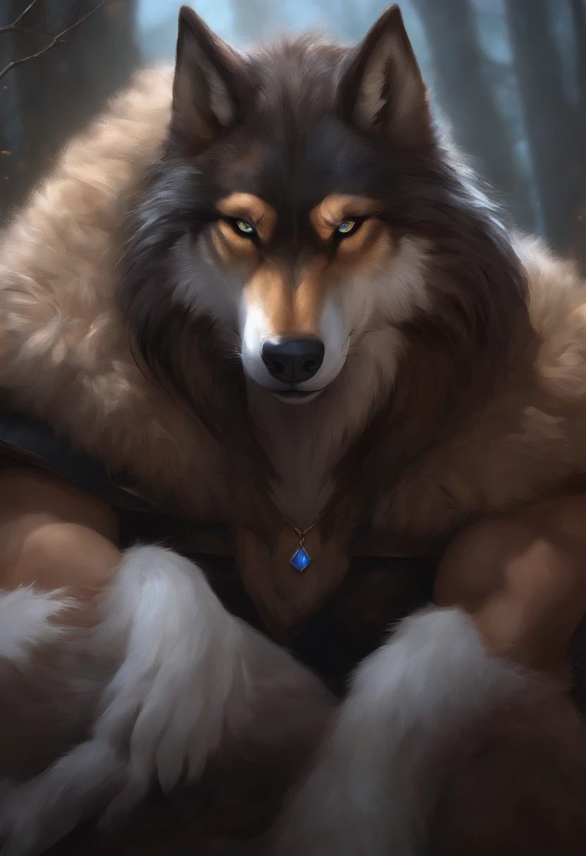 blaidd,blaidd cloak,Ruan Jia,Pino Daeni,darkgem,dimwitdog,muscular male wolf anthro, (detailed face), (detailed fluffy fur)