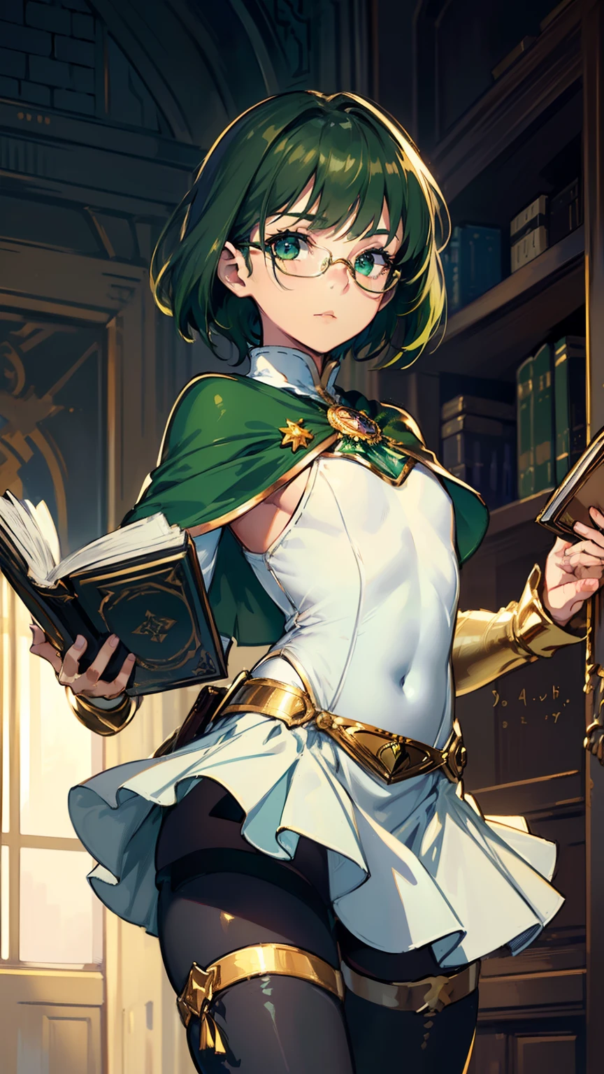 masterpiece, ultra detailed, 8k portrait, RAW photo, portrait photography, highly detailed face, beautiful and meticulous eyes, ((Fantasy)), Young beautiful, 15 years old, child, dynamic pose, (((short deep green bobbed hair))), blunt bangs, White skin color, glasses, Luxury, (((white one-piece tunic and skirt))), (((green cape))), (((golden brooch))), (((little waist hip pouch))), (((dark thigh high tights))), high cut leather boots, ((holding magic book)), Midday Sun, hyper realistic, slender body, flat chest, Long legs, in the medieval magic classroom, Ambient lighting, Shadow details , Camera focus on face, strong breeze, Light fog