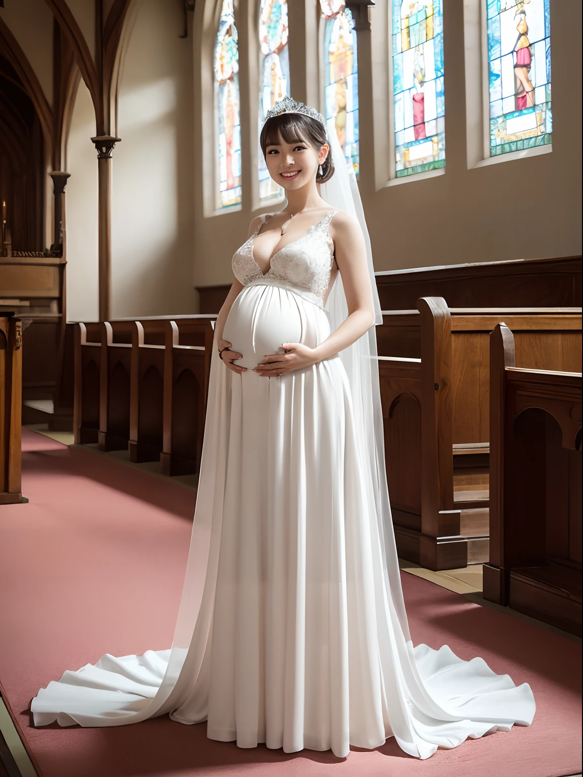 ((1 pregnant woman,Pregnant,Pregnant women in Japan,Pregnant women,Pregnancy,Japan pregnant women,Big belly,Very big belly)),(Smile here,View here,Looking at the camera),finerly detailed face,Lifelike face,A slight smil,(masutepiece, Best Quality:1.2) hight resolution, 8K Photorealistic, 1人の女性, Sparkling tiara,Wearing a tiara,Perfect tiara,Sexy adult woman full of sex appeal small face, Clear and clear photos, Super beauty, Beautiful luxurious wedding dress with a snow-white veil on the head, Glamorous body (large breasts cleavage), Glossy lips, long eyelashes, Shiny Light (Light brown ponytail hair:1.2),flat bangs, High Details, detailed hairstyle, Detailed face, Smiling happily, Wedding in the church、 (Smaller face、Smaller head)(Full body photo:1.2)、Beautiful carpet,Beautiful church, Tinted stained glass windows, with a vibrant, The thin rays of the sun hit the floor