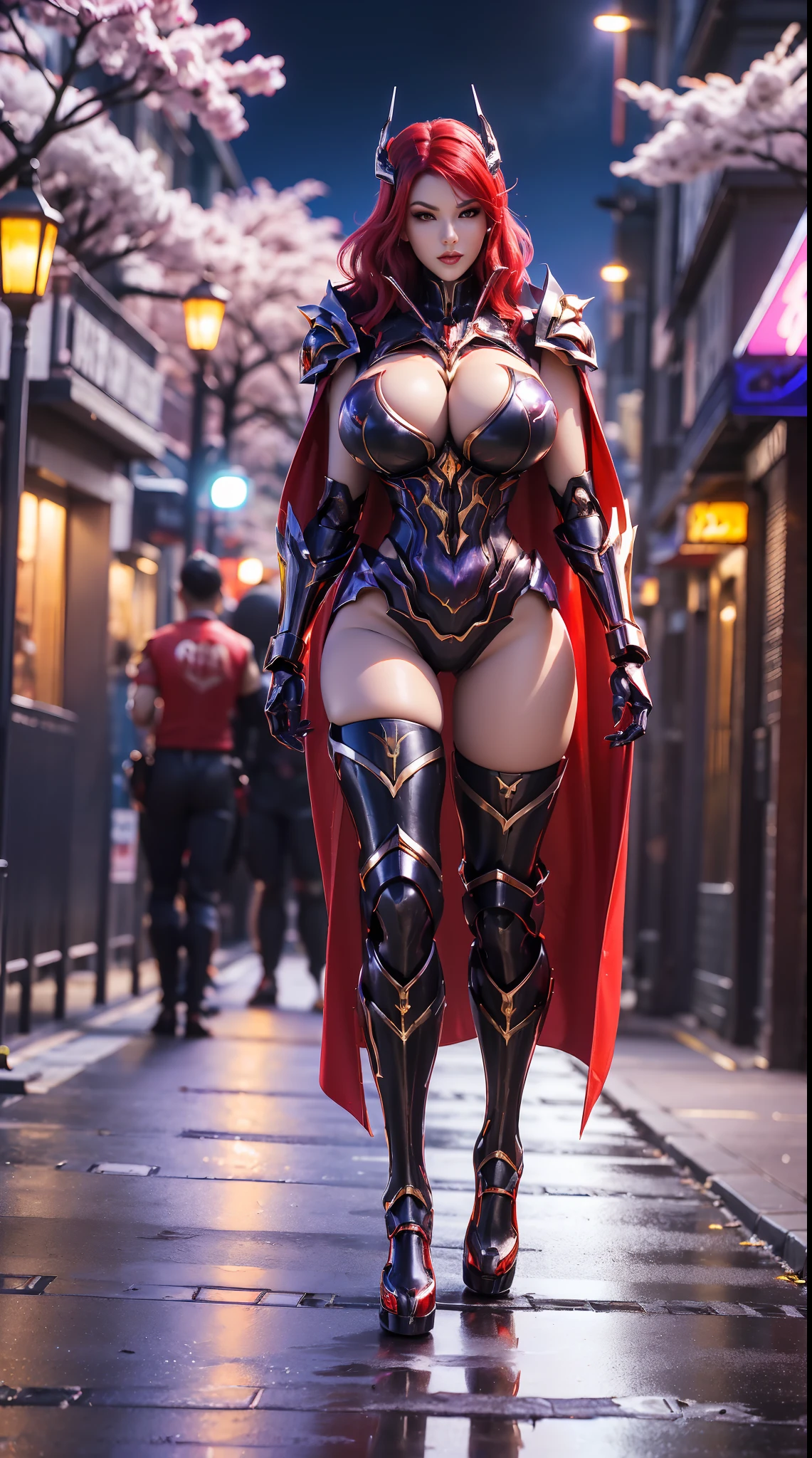 1GIRL, SOLO, (ssmile, makeup, beautifull eyes, red libs, red hair, gold dragon helm), (HUGE FAKE BOOBS:1.3), (GUARD ARM), (black, purple, IN FUTURISTIC DRAGON ARMOR, GIRL IN MECHA CYBER ARMOR, ROYAL CAPE, CLEAVAGE, BLACK SKINTIGHT HOTPANTS, HIGH HEELS:1.5), (SLENDER BODY, SEXY LONG LEGS, FULL BODY:1.5), (LOOKING AT VIEWER:1), (WALKING DOWN ON STREET NIGHT CHERRY TREES:1.3), PHYSICALLY-BASED RENDERING, ULTRA HIGHT DEFINITION, 8K, 1080P.