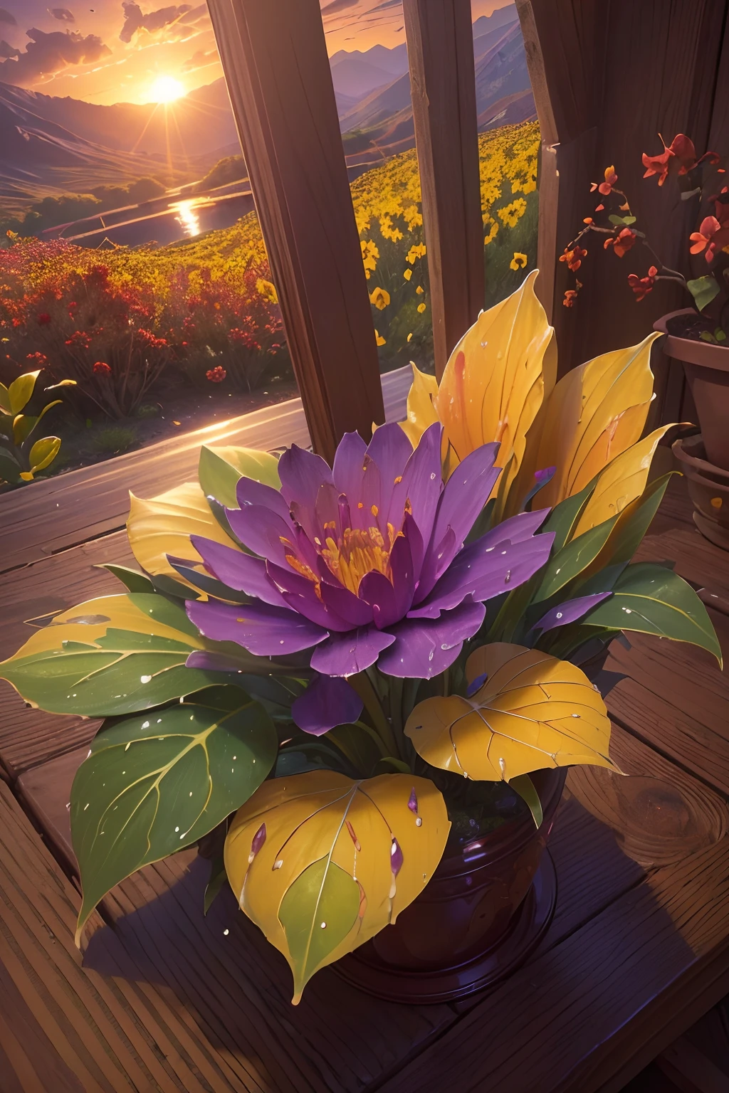 ((masterpiece, best quality, cinematic, photorealistic, ultra-detailed)), ((medium shot)), ((flowering plants in variant colors, red, yellow and purple, wet petals and leaves)), sunrise, mountains and trees