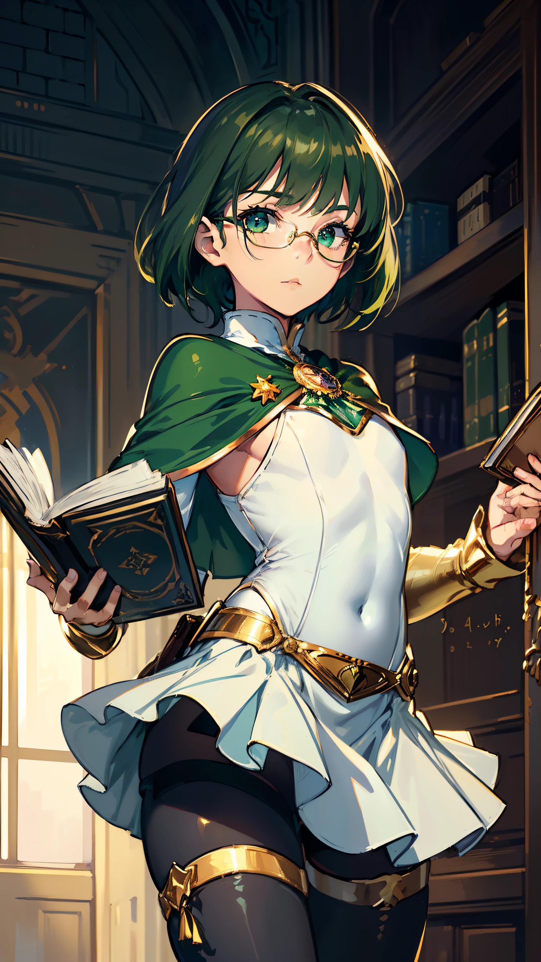 masterpiece, ultra detailed, 8k portrait, RAW photo, portrait photography, highly detailed face, beautiful and meticulous eyes, ((Fantasy)), Young beautiful, ************, child, dynamic pose, (((short deep green bobbed hair))), blunt bangs, White skin color, glasses, Luxury, (((white one-piece tunic and skirt))), (((green cape))), (((golden brooch))), (((little waist hip pouch))), (((dark thigh high tights))), high cut leather boots, ((holding magic book)), Midday Sun, hyper realistic, slender body, flat chest, Long legs, in the medieval magic classroom, Ambient lighting, Shadow details , Camera focus on face, strong breeze, Light fog