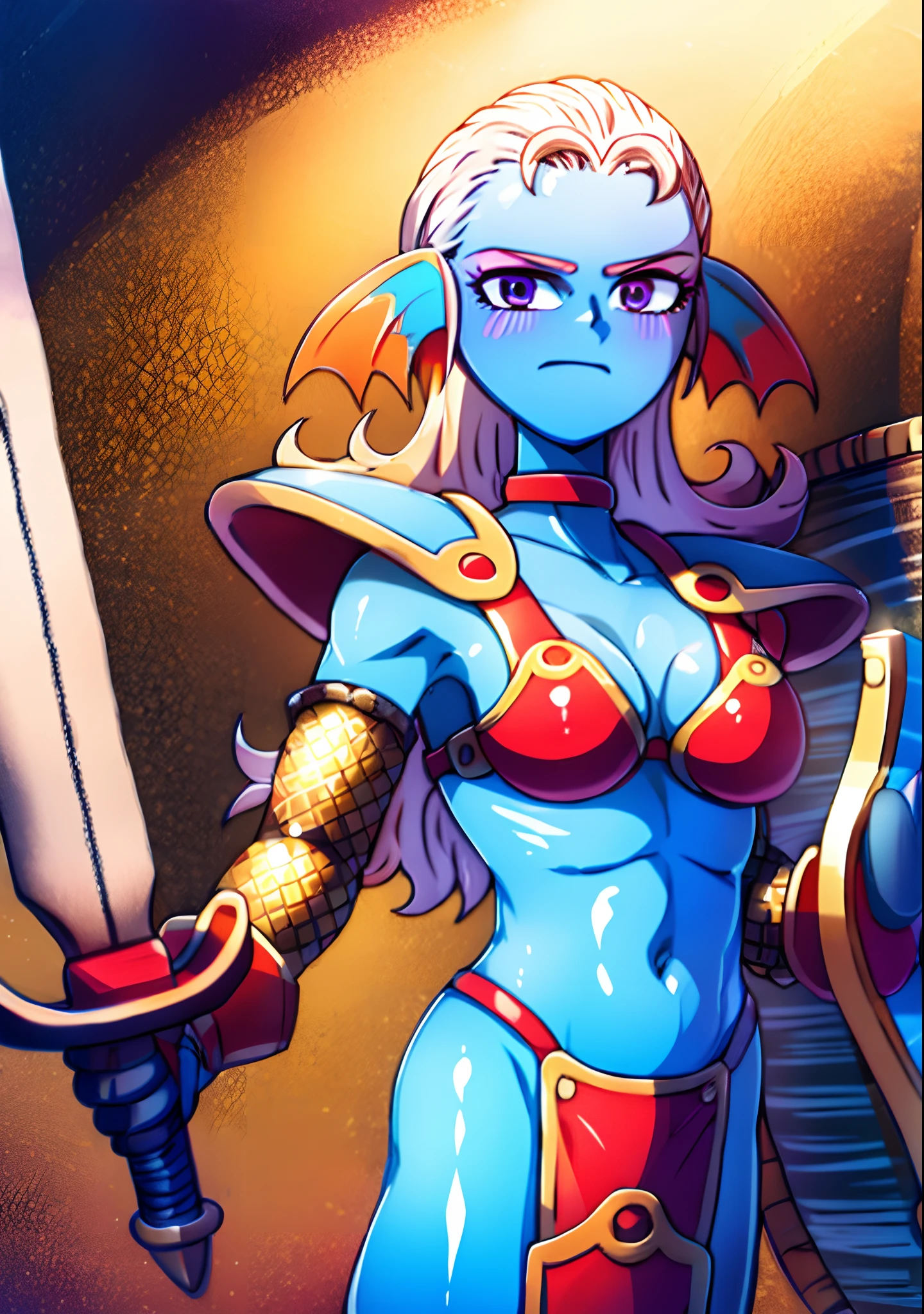 8K,High quality,Anime,married,Beautiful woman,Bright,Eye Highlights,Purple eyes,Sexy,ultra gigantic tits,oversized tits,Dark blue ,Erotic,beautiful line art. Blue skin, Blue and orange gradient fins, Black Bikini Armor, holding swords, Holding Shield, Bejeweled ornaments and bikini armor, Highly revealing outfits, Dark Facial Makeup, Golden Sword, Wooden shield,