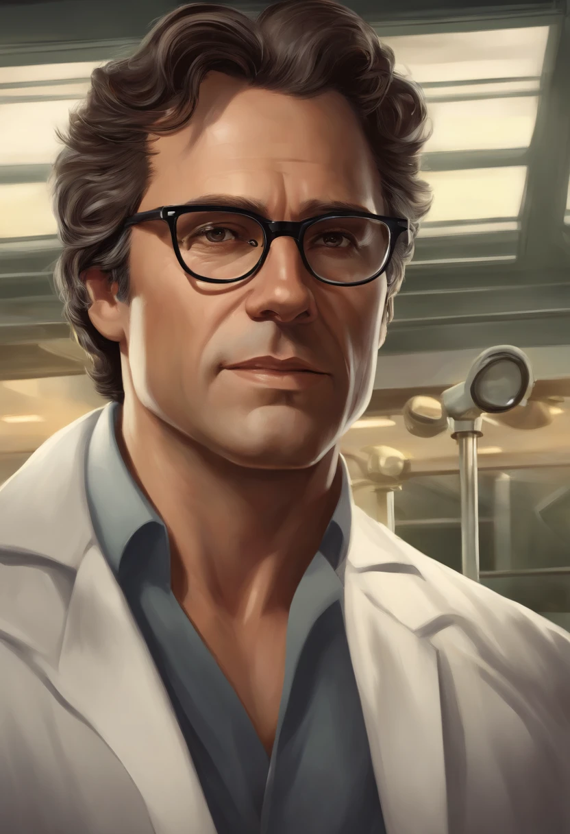 portray Bruce Banner as a middle-aged scientist with dark brown or black hair combed back and brown eyes wearing a lab coat and his glasses with thick, rectangular frame glasses that lend an air of intellectuality and scientificity to his appearance;. Their physical constitution is usually described as lean with average height.
