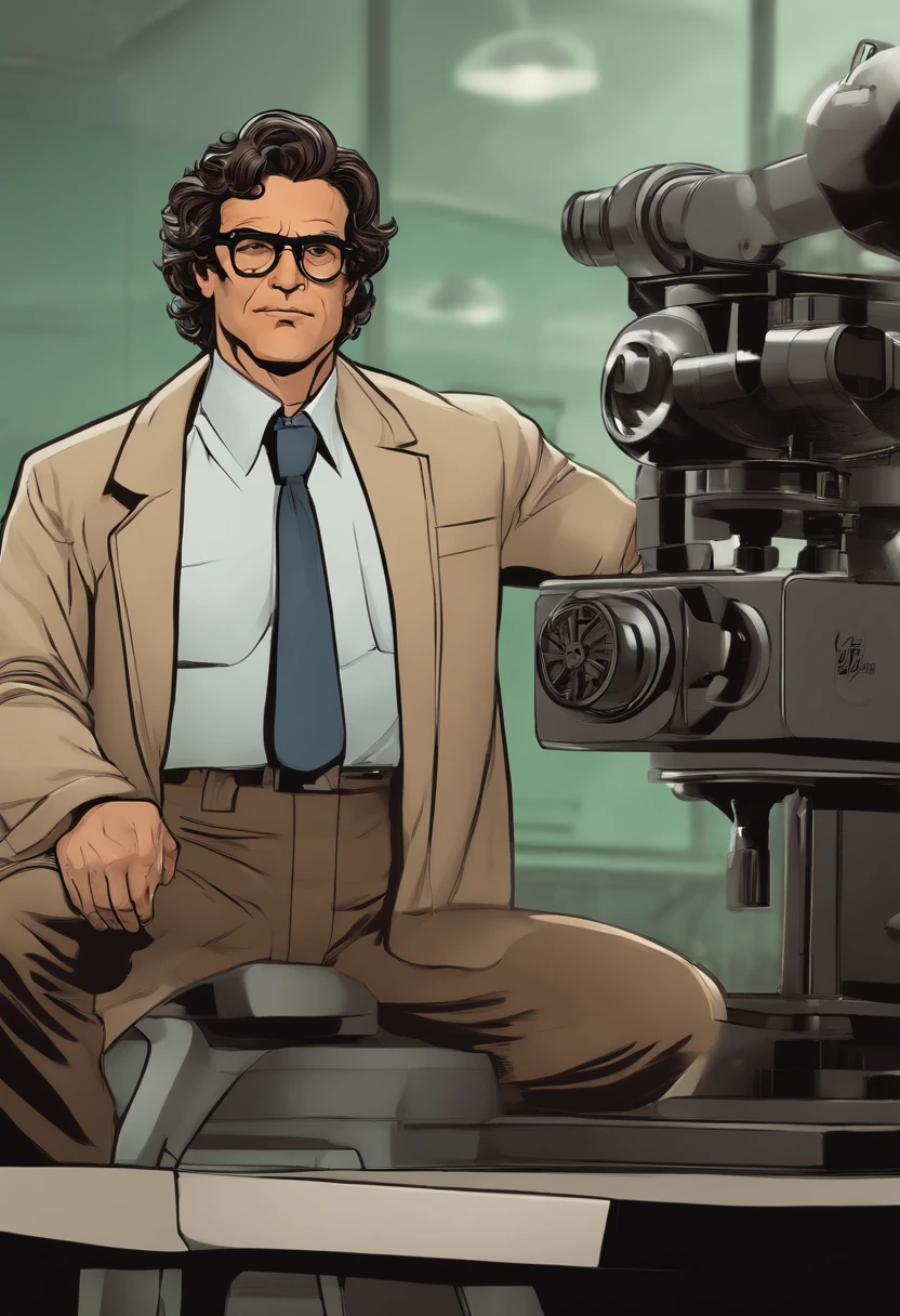 portray Bruce Banner as a middle-aged scientist with dark brown or black hair combed back and brown eyes wearing a lab coat and his glasses with thick, rectangular frame glasses that lend an air of intellectuality and scientificity to his appearance;. Their physical constitution is usually described as lean with average height.