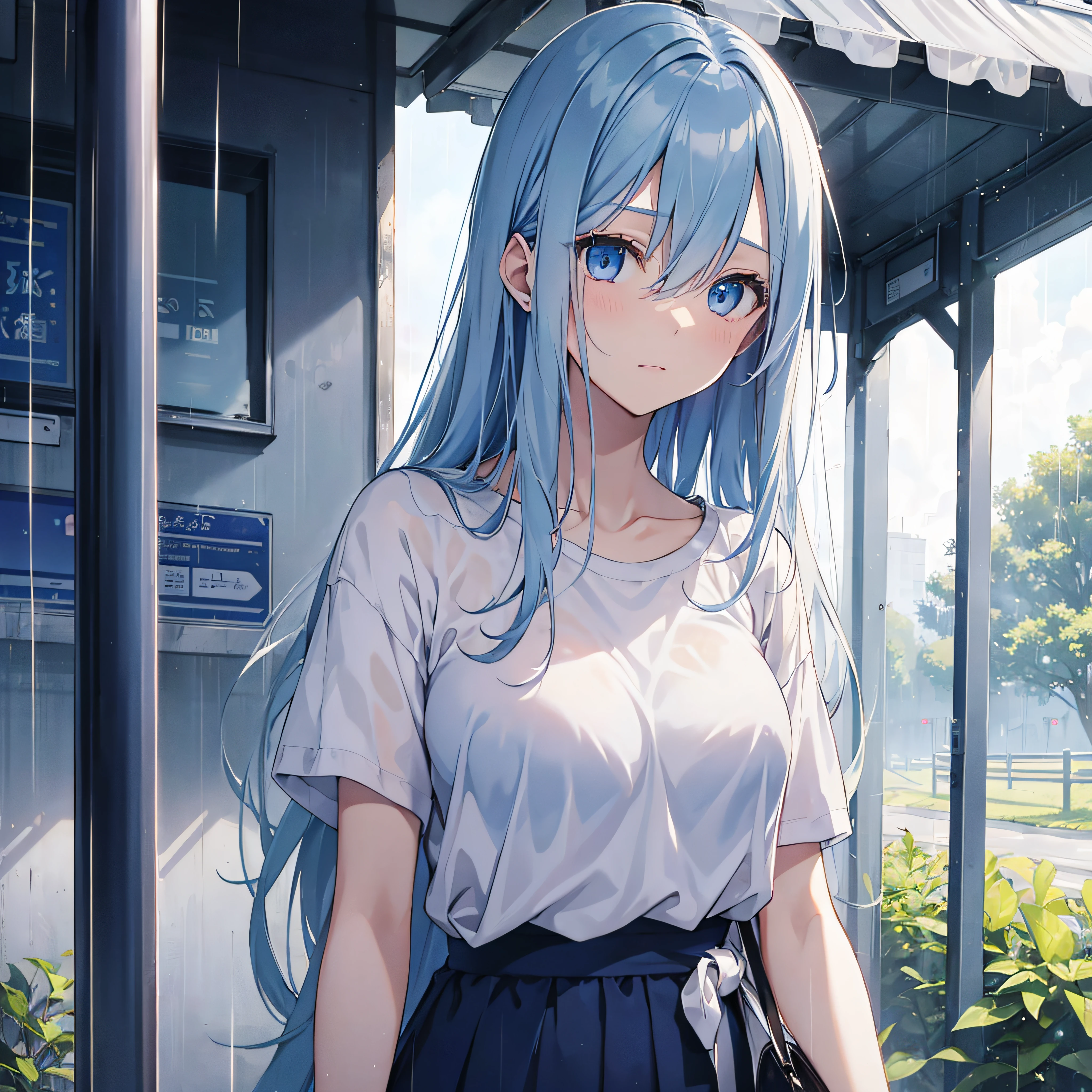 Woman evacuating in the rain、Light blue long hair、24 year old、blue eyess、(One Woman:1.2)、Sateen、murky、Wagas、countryside、bus stop、I can see outside、top-quality、white t-shirts、bra very
