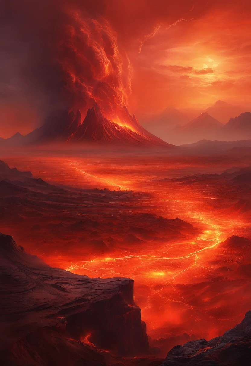 A catastrophic volcano eruption on Venus, a fiery tempest of unparalleled scale and intensity. Billowing plumes of scorching lava and searing ash erupt into the hazy, sulfuric atmosphere. The very surface trembles as the planet's violent heart awakens, sending shockwaves through the rocky terrain. Superheated gases and molten rock spew from colossal volcanic craters, casting a crimson glow across the barren, infernal landscape.

The skies above crackle with electrical discharges, and the air is choked with choking, toxic fumes. It's a spectacle of both terror and awe, a stark reminder of the raw, untamed power of our neighboring world. Best quality, intricate details, clean lines, gripping composition, intense tones, anime realism, capturing the essence of a planetary cataclysm on the hostile surface of Venus, a breathtaking and harrowing illustration