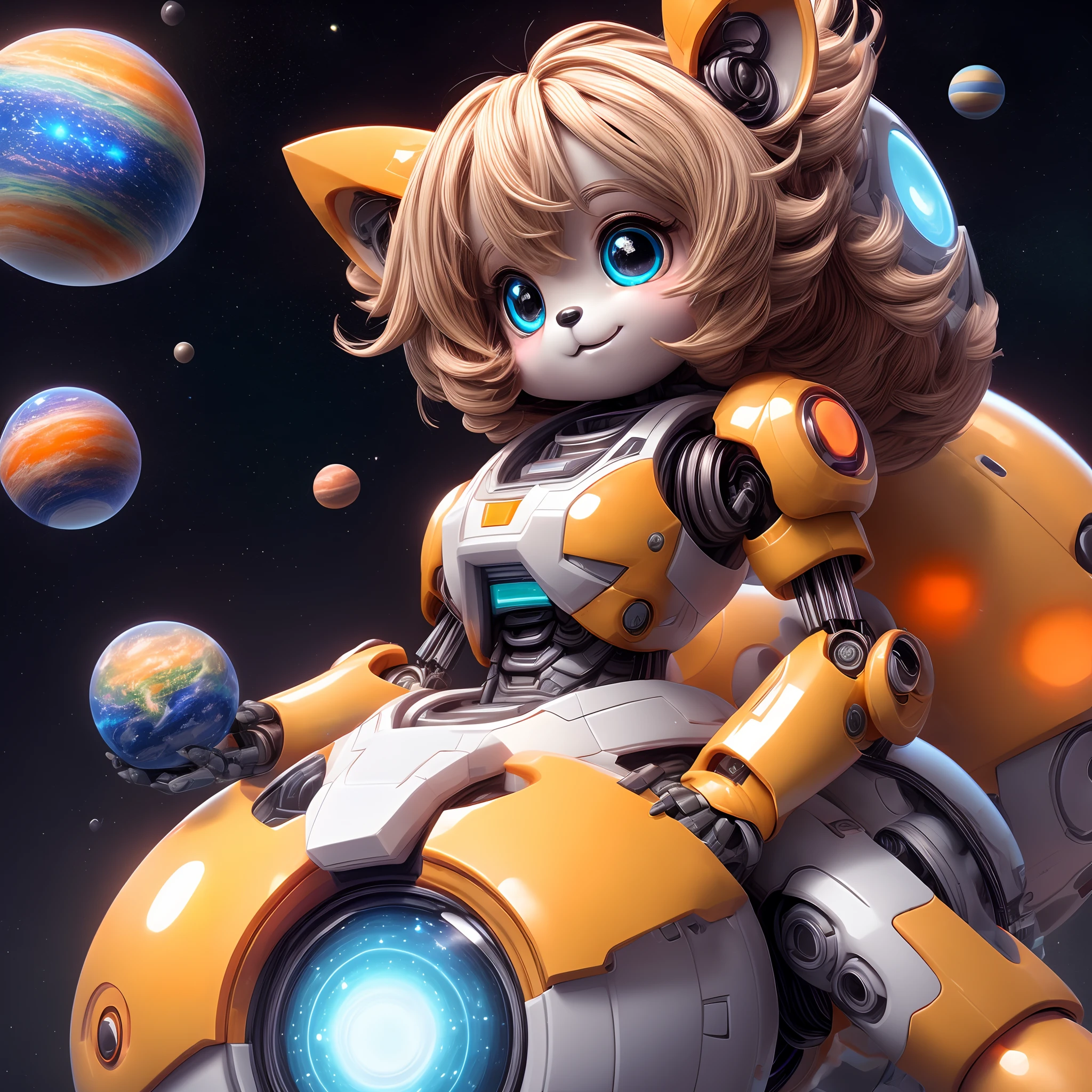 3d computer rendered image of 3DCG, digital illustration of a cute robot with a round head and body, colorful galaxy patterns on the robot's head and body, big eyes and a small mouth, the robot has two arms and two legs with yellow and orange accents , gradient background with colorful stars and planets, colorful floating orbs and rings