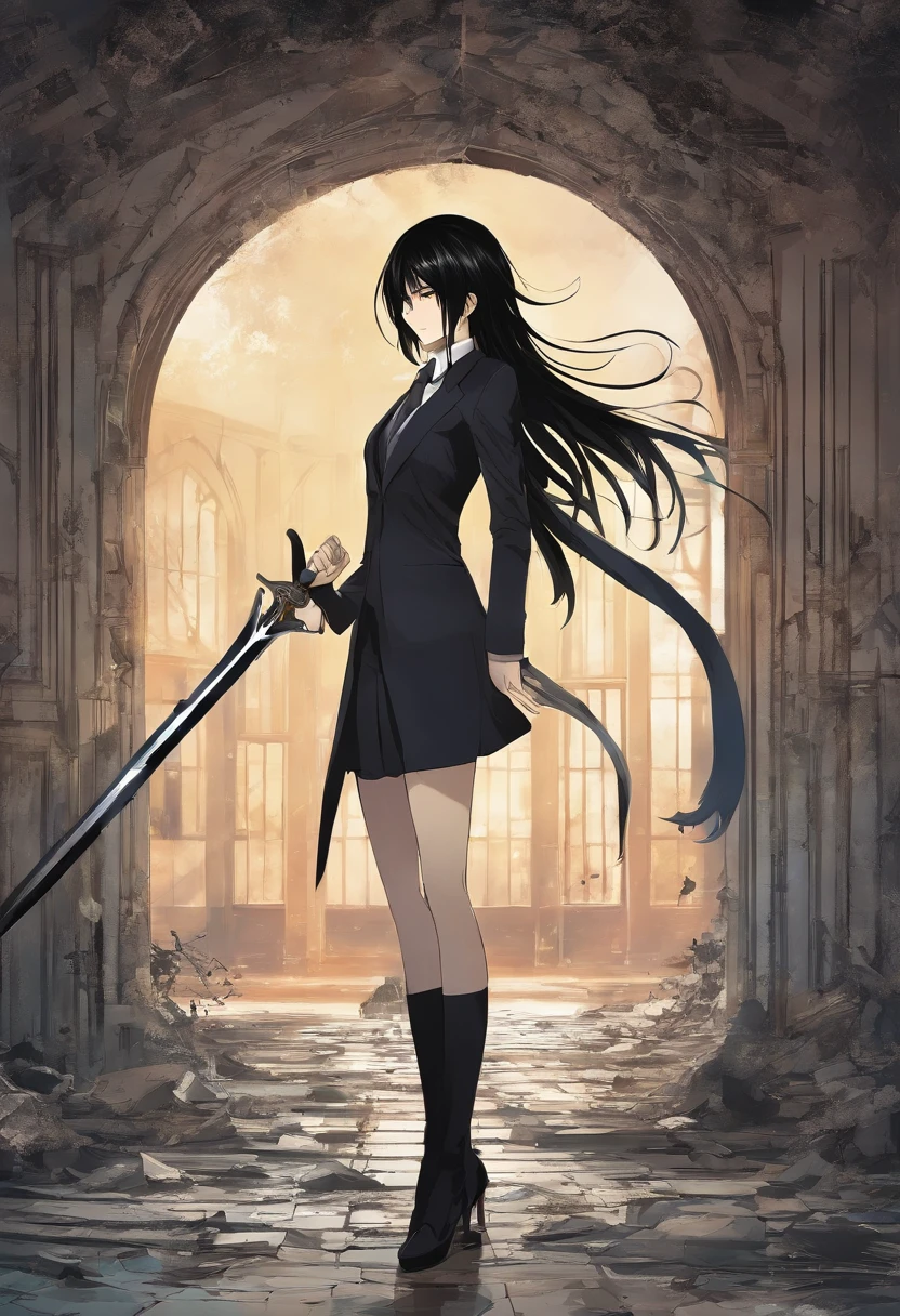 Mikasa Ackerman, with long black hair, Dressed in an elegant black suit, Walking through an abandoned house with the tip of a sword, super detailed image, Manga style, Full-HD、Zito-order