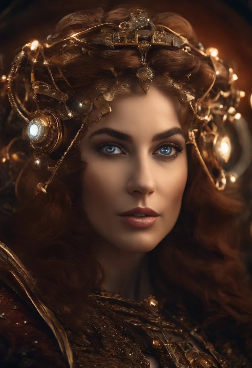 surrealist portrait: Create portraits of characters with mixed and surreal elements.Face combined with machine elements, Front focus), Fantasy art, Realistic photo, Dynamic lighting, art  stations, poster for, voluminetric lighting, Very detailed faces