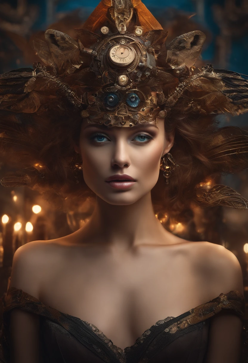 surrealist portrait: Create portraits of characters with mixed and surreal elements.Face combined with machine elements, Front focus), Fantasy art, Realistic photo, Dynamic lighting, art stations, poster for, voluminetric lighting, Very detailed faces