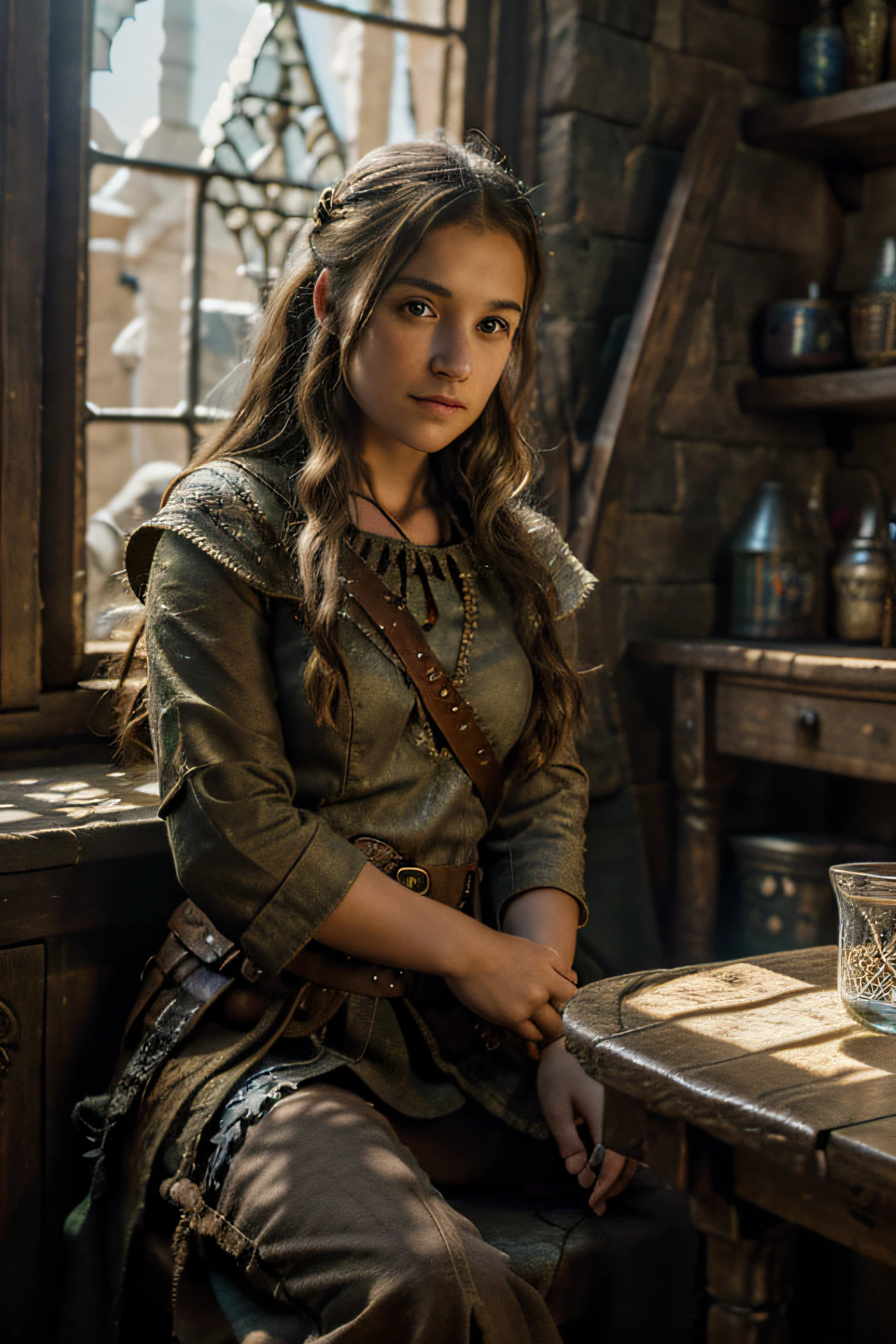 zrpgstyle, scavenger girl, sitting in a medieval fantasy tavern interior, colorful tapestries on the walls Game of Thrones Hogwarts bright morning sunlight shining in from windows Clutter-Home, (masterpiece:1.2) (best quality) (detailed) (intricate) (8k) (HDR) (wallpaper) (cinematic lighting) (sharp focus)
